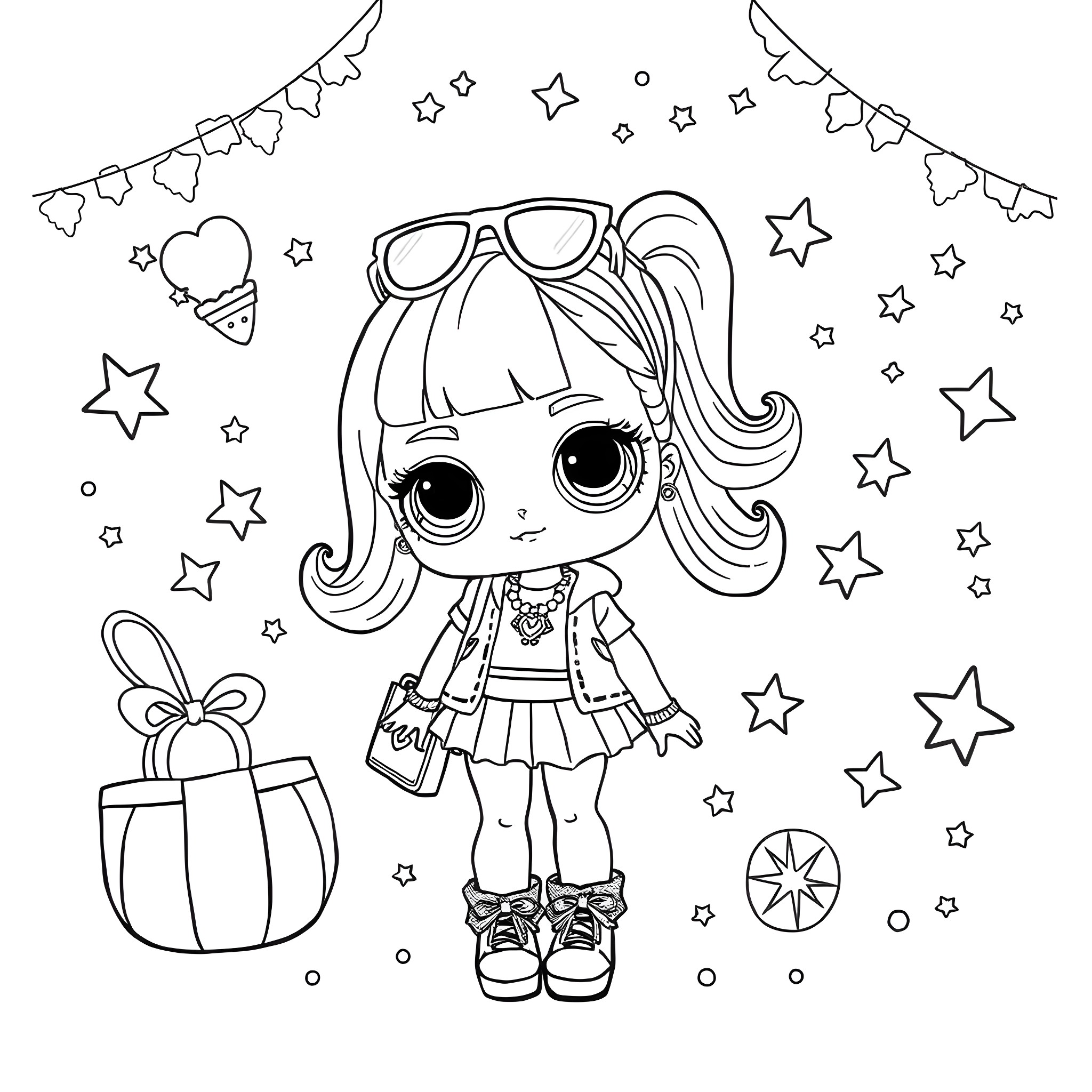 Lol Doll playing with stars and gifts Coloring Page (free black-and-white line drawing printable PDF for all, from beginners to advanced learners, including children, teens, adults, and seniors)