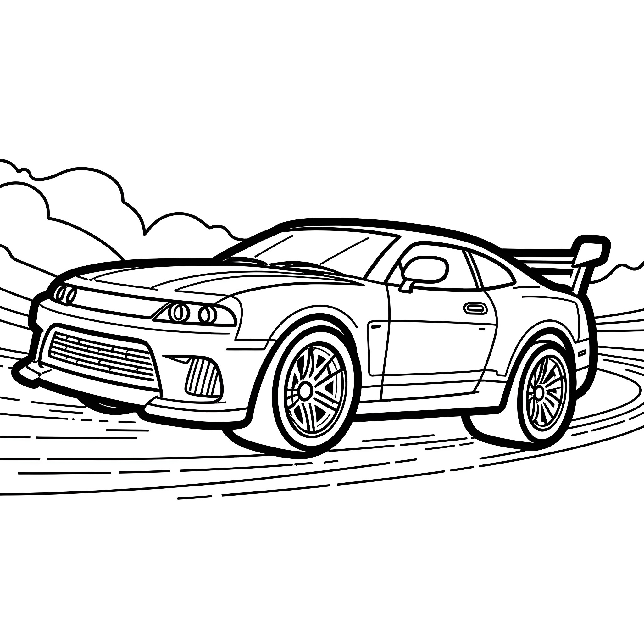 Hot Wheels sports car racing on the track Coloring Page (free black-and-white line drawing printable PDF for all, from beginners to advanced learners, including children, teens, adults, and seniors)