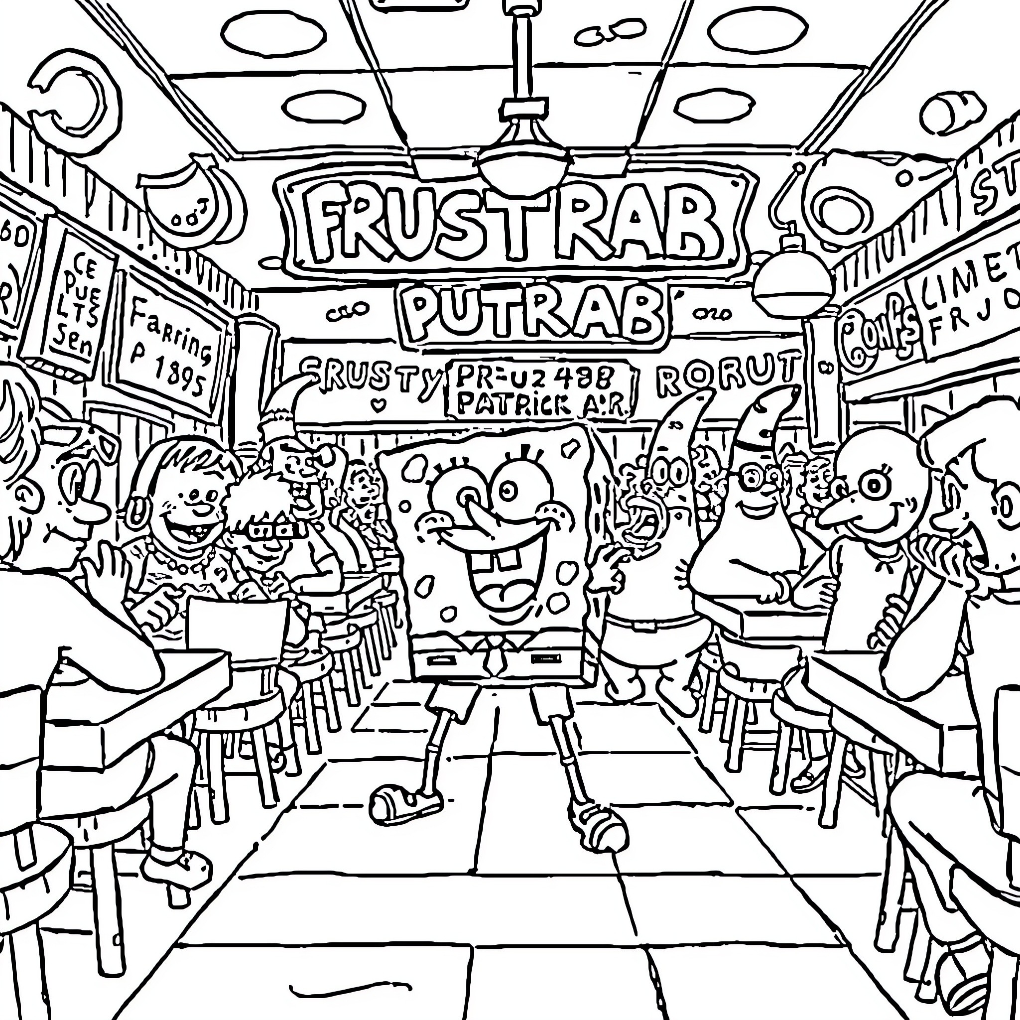 Spongebob characters in a fun, chaotic art studio Coloring Page (free black-and-white line drawing printable PDF for all, from beginners to advanced learners, including children, teens, adults, and seniors)