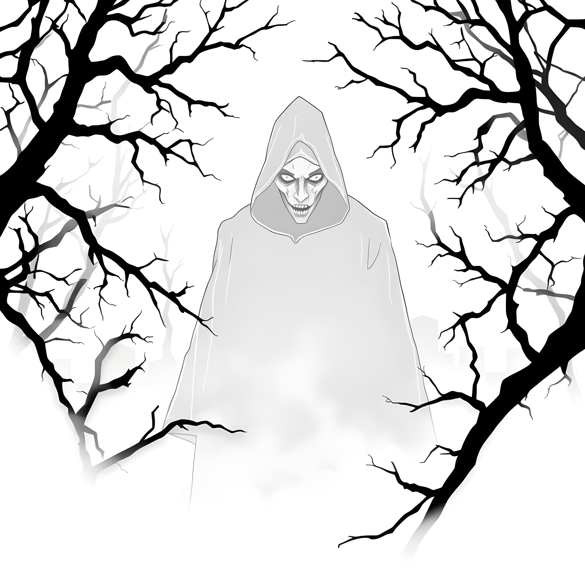 Human figure in hooded cloak in spooky forest Coloring Page (free black-and-white line drawing printable PDF for all, from beginners to advanced learners, including children, teens, adults, and seniors)