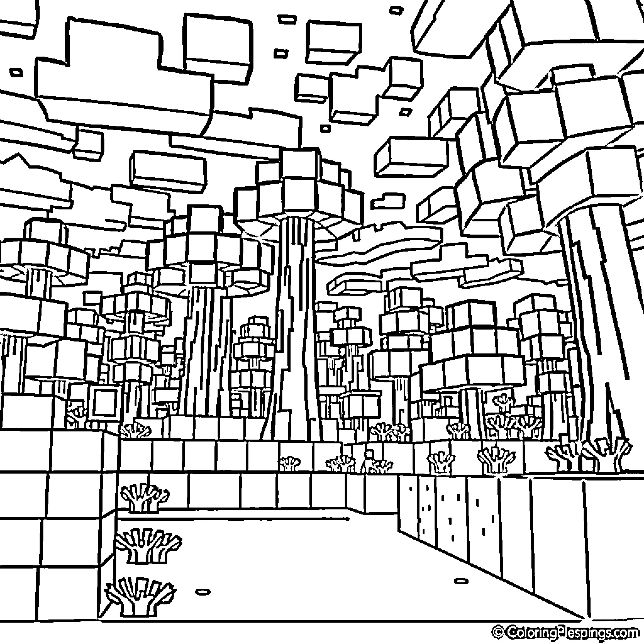 Minecraft abstract cityscape with geometric structures Coloring Page (free black-and-white line drawing printable PDF for all, from beginners to advanced learners, including children, teens, adults, and seniors)