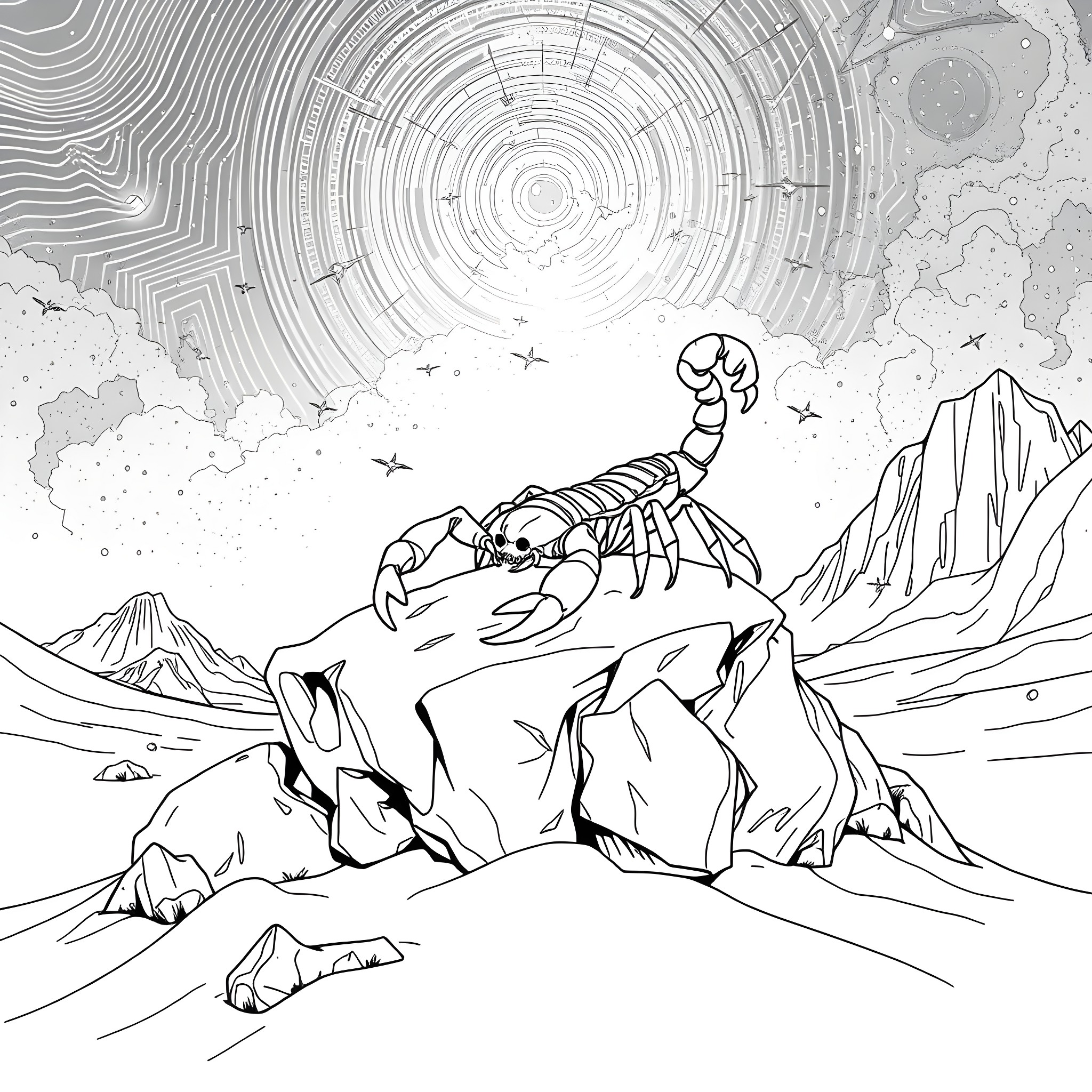 Scorpio's Cosmic Conquest: Celestial Scorpion Prowling the Rugged Terrain Coloring Page (free black-and-white line drawing printable PDF for all, from beginners to advanced learners, including children, teens, adults, and seniors)