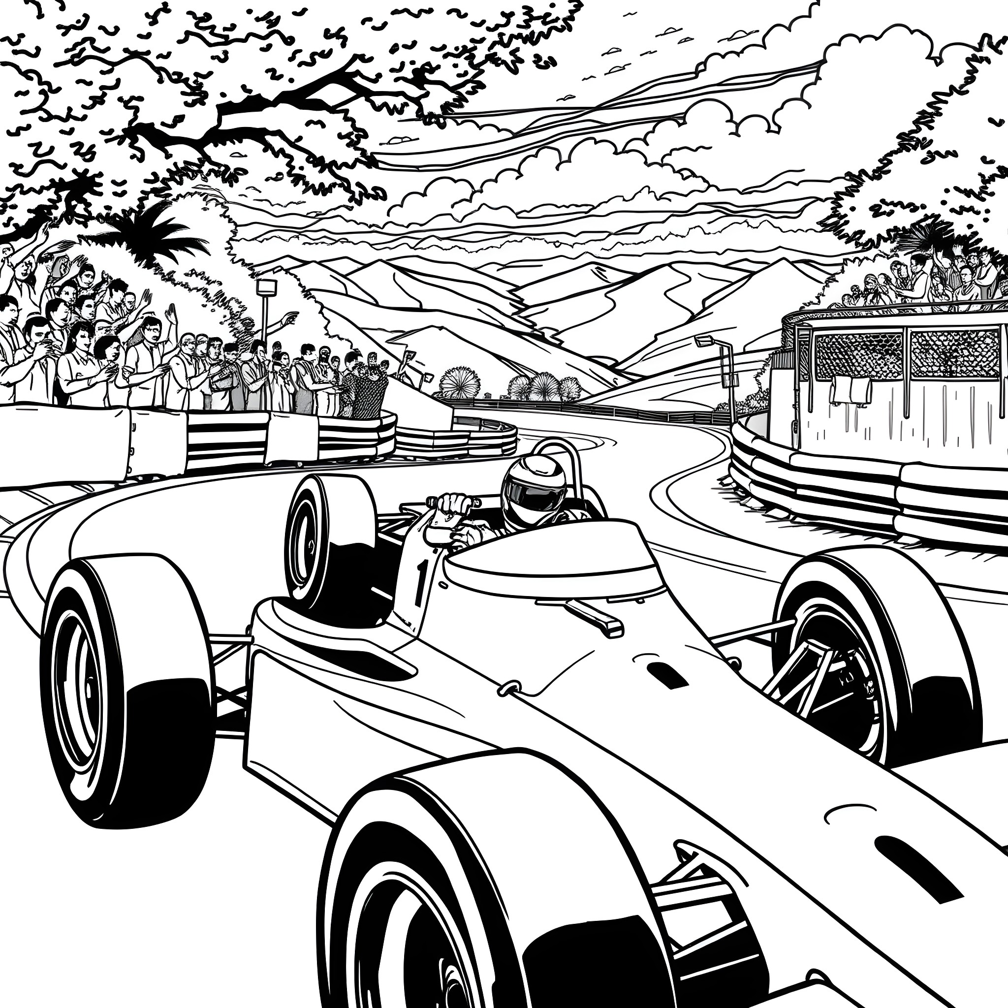 Ayrton Senna racing in a Formula One car on a scenic track Coloring Page (free black-and-white line drawing printable PDF for all, from beginners to advanced learners, including children, teens, adults, and seniors)