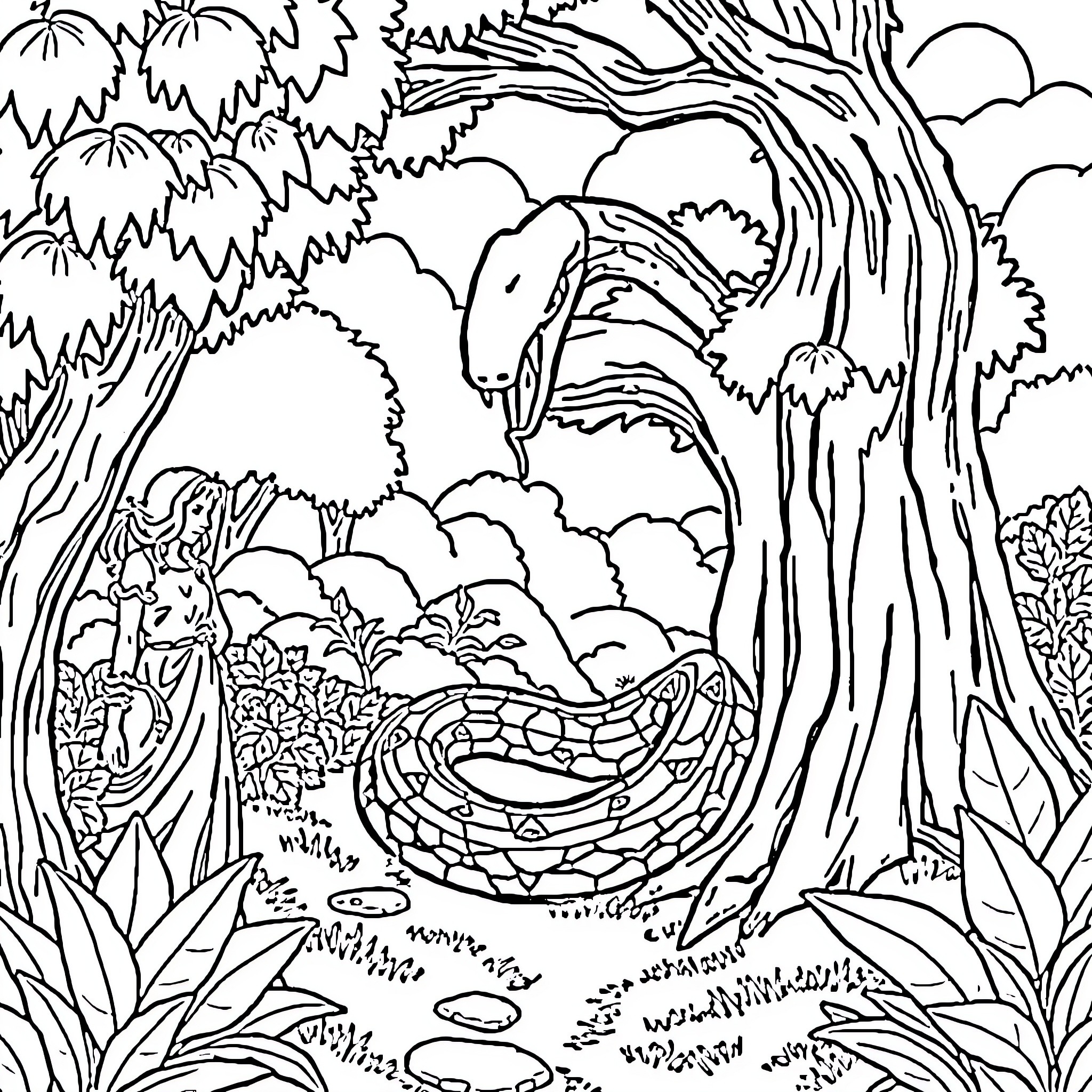 Snake slithering through the enchanted forest Coloring Page (free black-and-white line drawing printable PDF for all, from beginners to advanced learners, including children, teens, adults, and seniors)