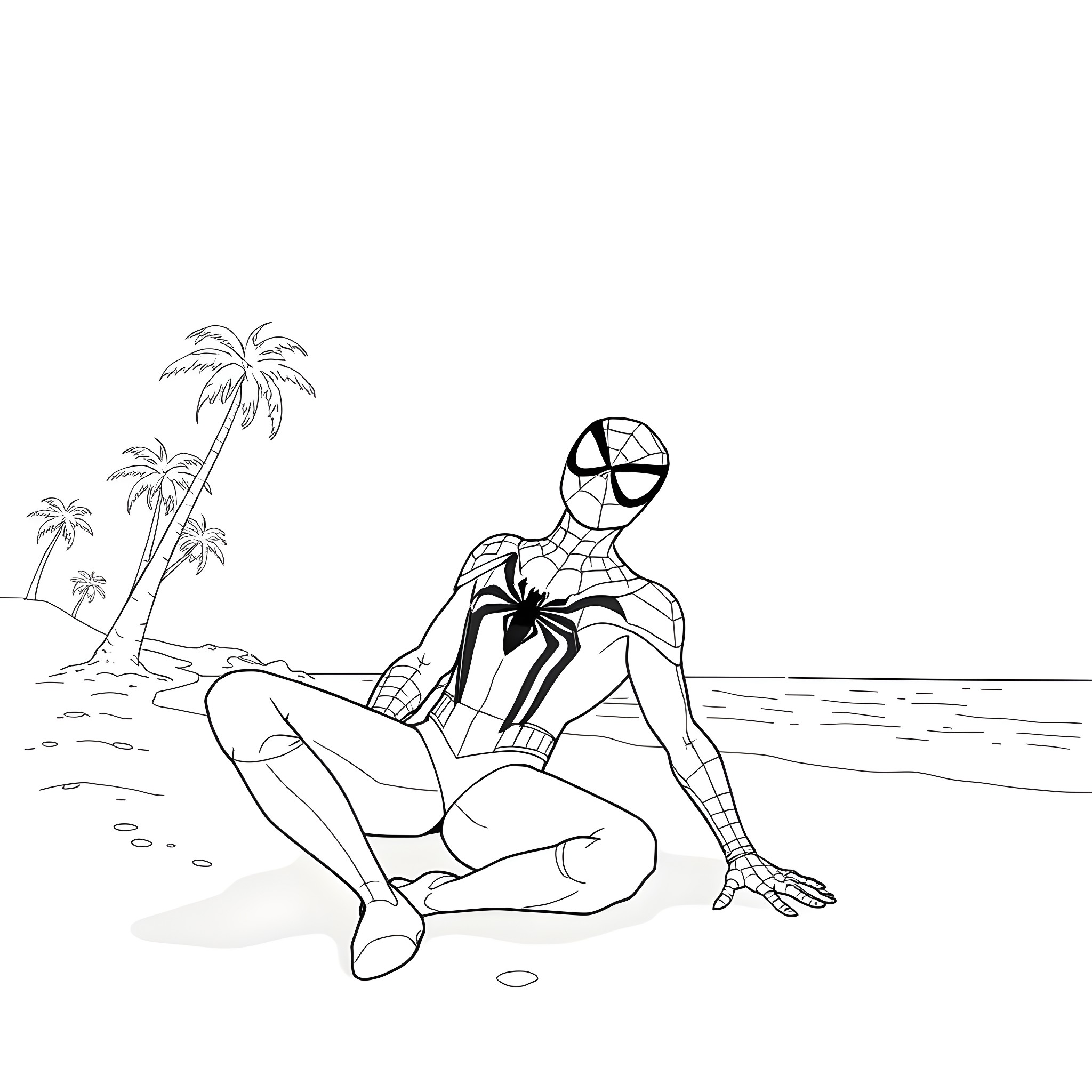 Spider-Man relaxing on the beach Coloring Page (free black-and-white line drawing printable PDF for all, from beginners to advanced learners, including children, teens, adults, and seniors)