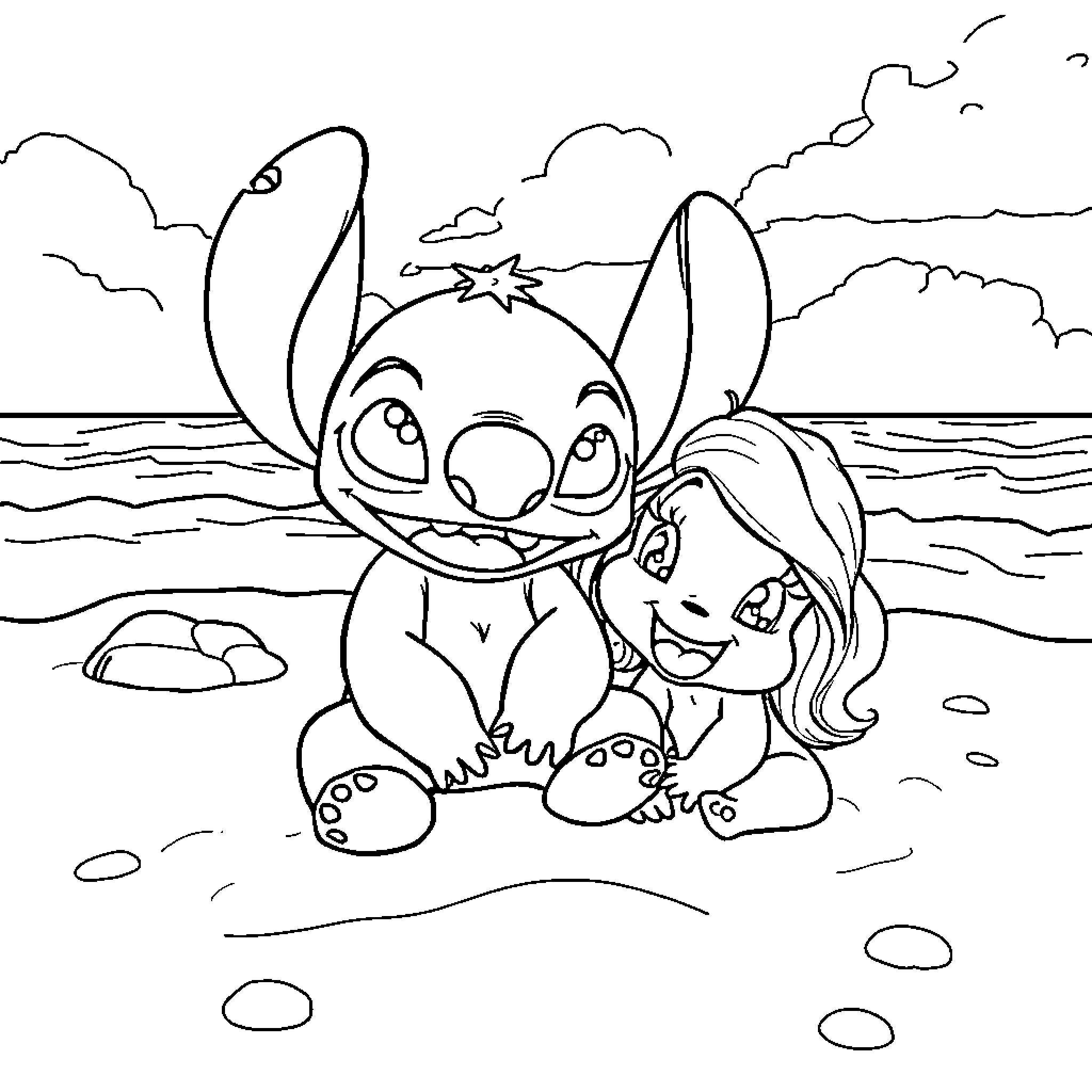 Stitch and a girl playing on the beach Coloring Page (free black-and-white line drawing printable PDF for all, from beginners to advanced learners, including children, teens, adults, and seniors)