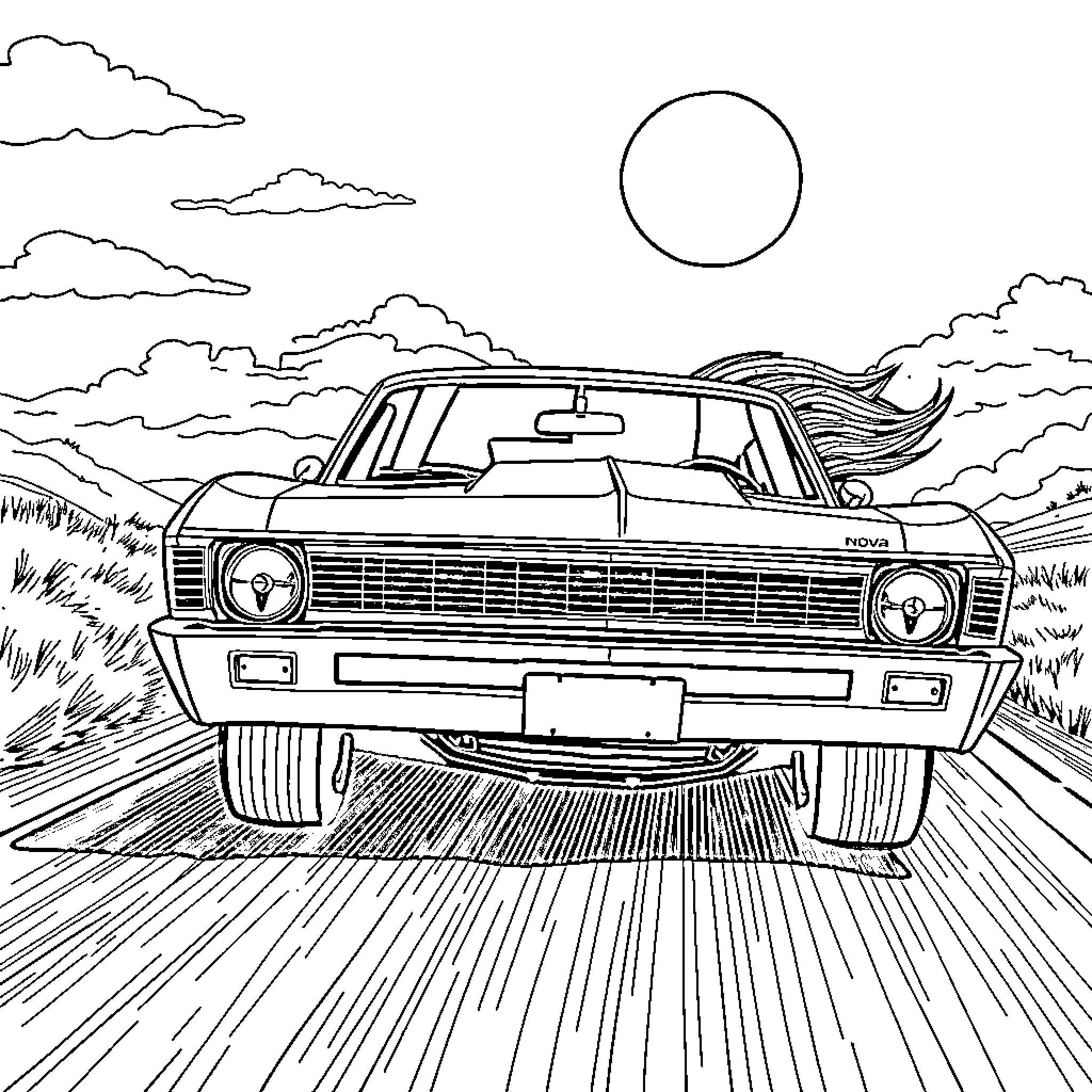 Nova car speeding through the countryside at night Coloring Page (free black-and-white line drawing printable PDF for all, from beginners to advanced learners, including children, teens, adults, and seniors)