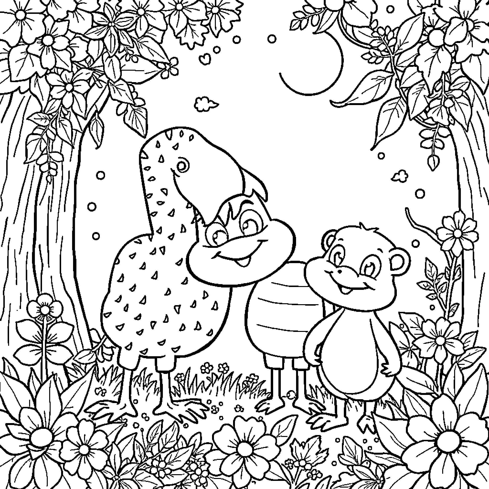 Illustration of two playful animals in a floral forest Coloring Page (free black-and-white line drawing printable PDF for all, from beginners to advanced learners, including children, teens, adults, and seniors)