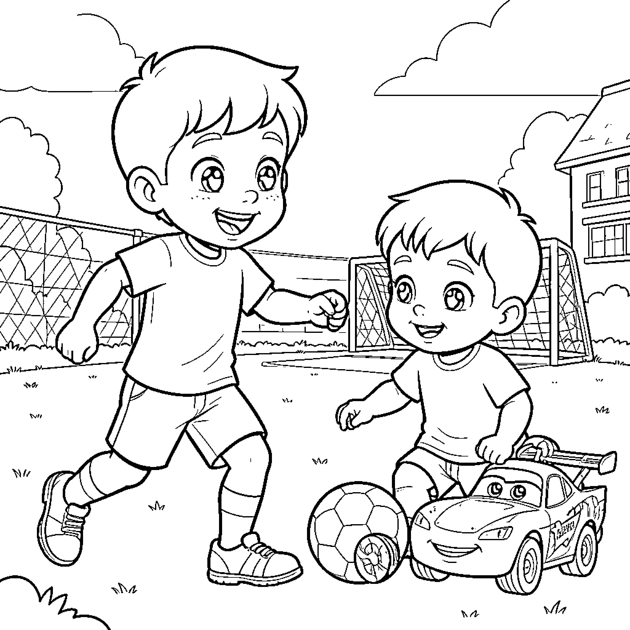 Niños playing happily with soccer ball and toy car Coloring Page (free black-and-white line drawing printable PDF for all, from beginners to advanced learners, including children, teens, adults, and seniors)