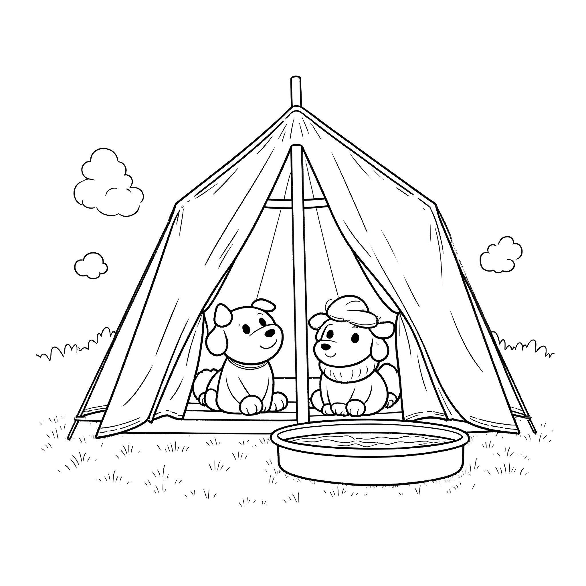 Bluey and friends camping in the outdoors Coloring Page (free black-and-white line drawing printable PDF for all, from beginners to advanced learners, including children, teens, adults, and seniors)
