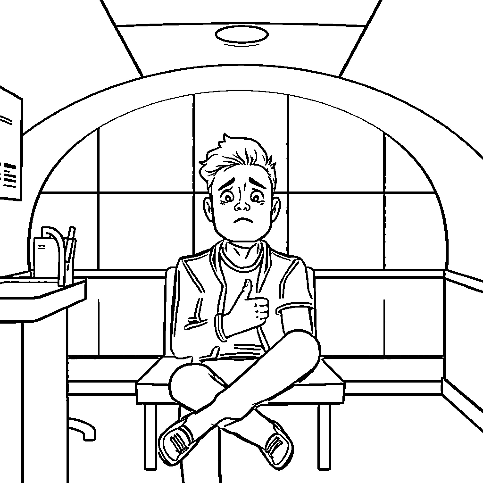 Person sitting alone in an empty room Coloring Page (free black-and-white line drawing printable PDF for all, from beginners to advanced learners, including children, teens, adults, and seniors)