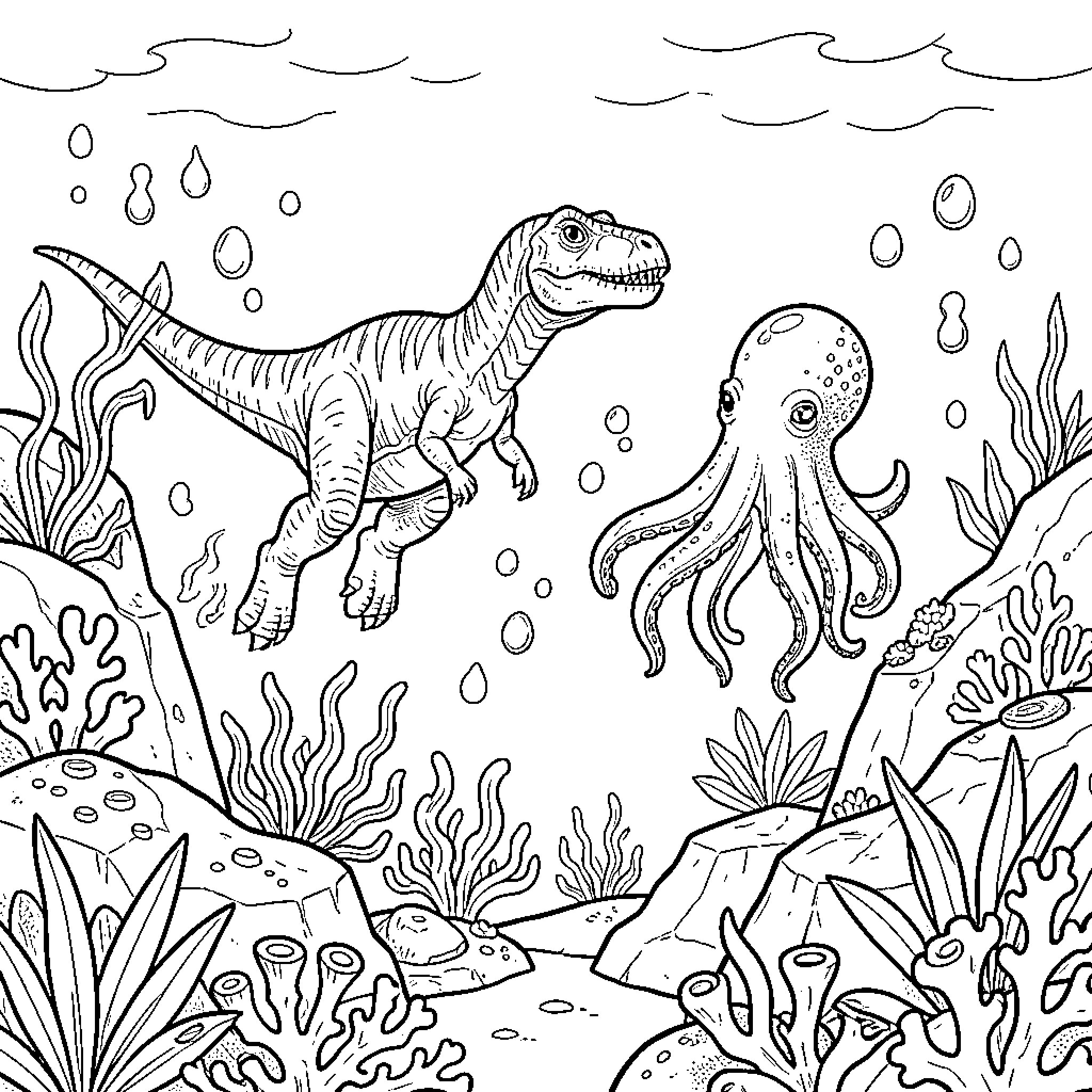 Dinosaur swimming underwater and meeting an octopus Coloring Page (free black-and-white line drawing printable PDF for all, from beginners to advanced learners, including children, teens, adults, and seniors)