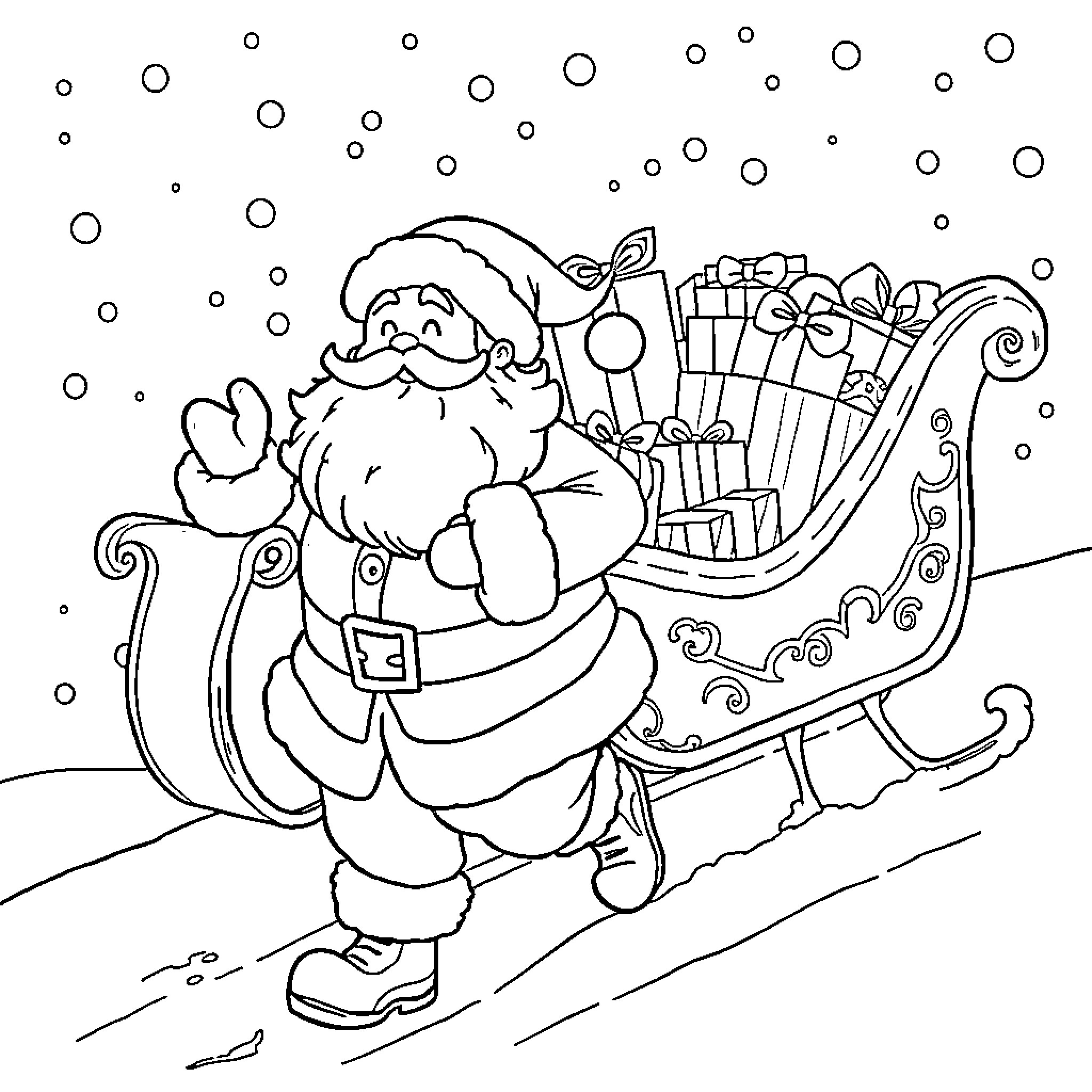Santa Claus delivering gifts with sleigh in snow Coloring Page (free black-and-white line drawing printable PDF for all, from beginners to advanced learners, including children, teens, adults, and seniors)