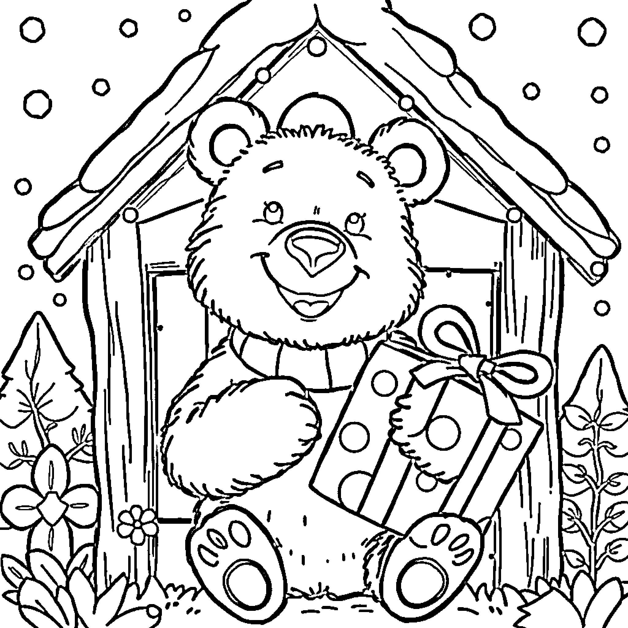 Bear playing in snowy forest cabin Coloring Page (free black-and-white line drawing printable PDF for all, from beginners to advanced learners, including children, teens, adults, and seniors)
