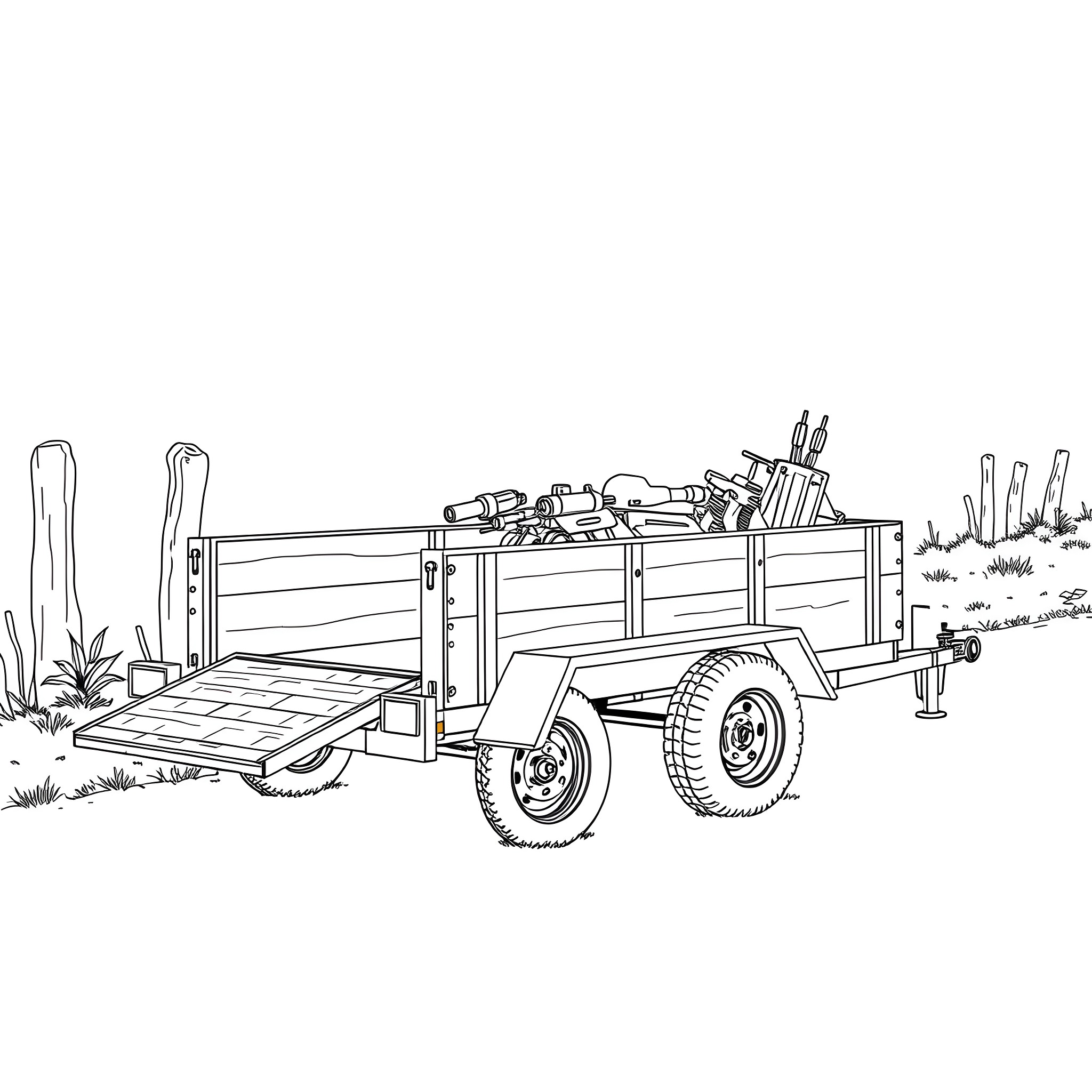 Car Trailer Loaded with Farming Equipment Coloring Page (free black-and-white line drawing printable PDF for all, from beginners to advanced learners, including children, teens, adults, and seniors)