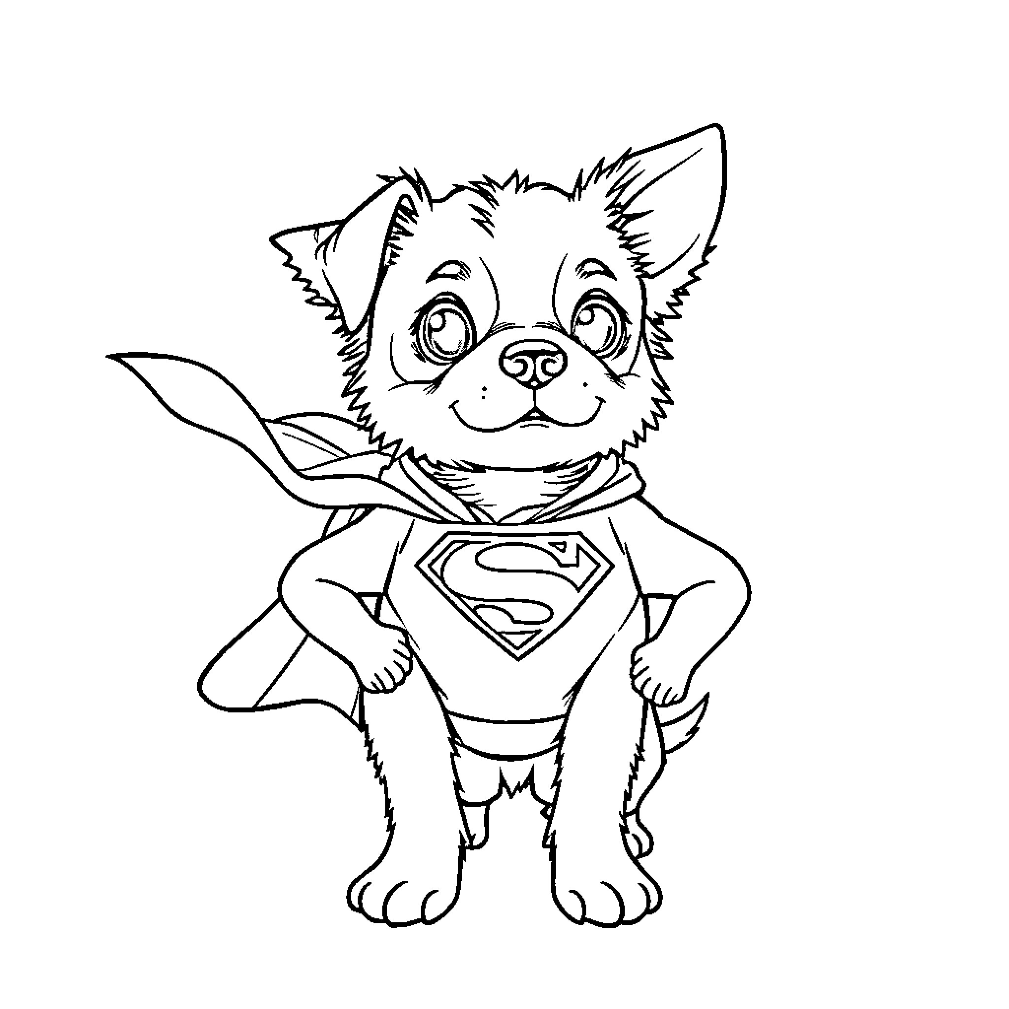 Dog dressed as superhero with wings Coloring Page (free black-and-white line drawing printable PDF for all, from beginners to advanced learners, including children, teens, adults, and seniors)