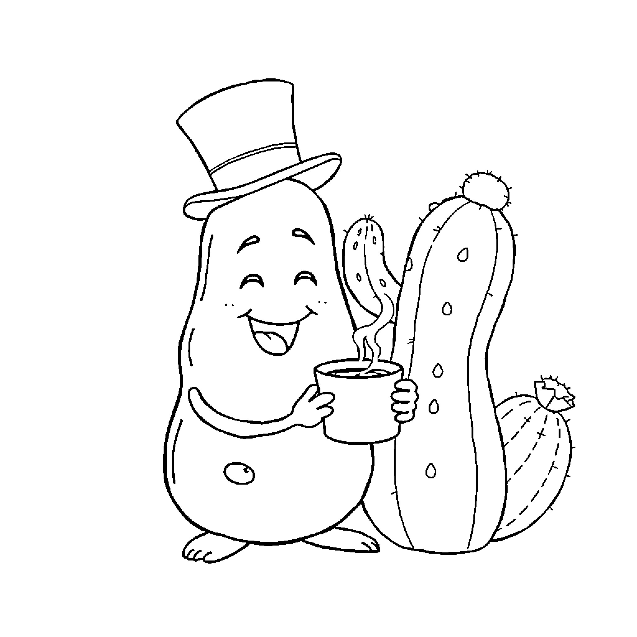 Potato character in formal wear enjoying a drink Coloring Page (free black-and-white line drawing printable PDF for all, from beginners to advanced learners, including children, teens, adults, and seniors)
