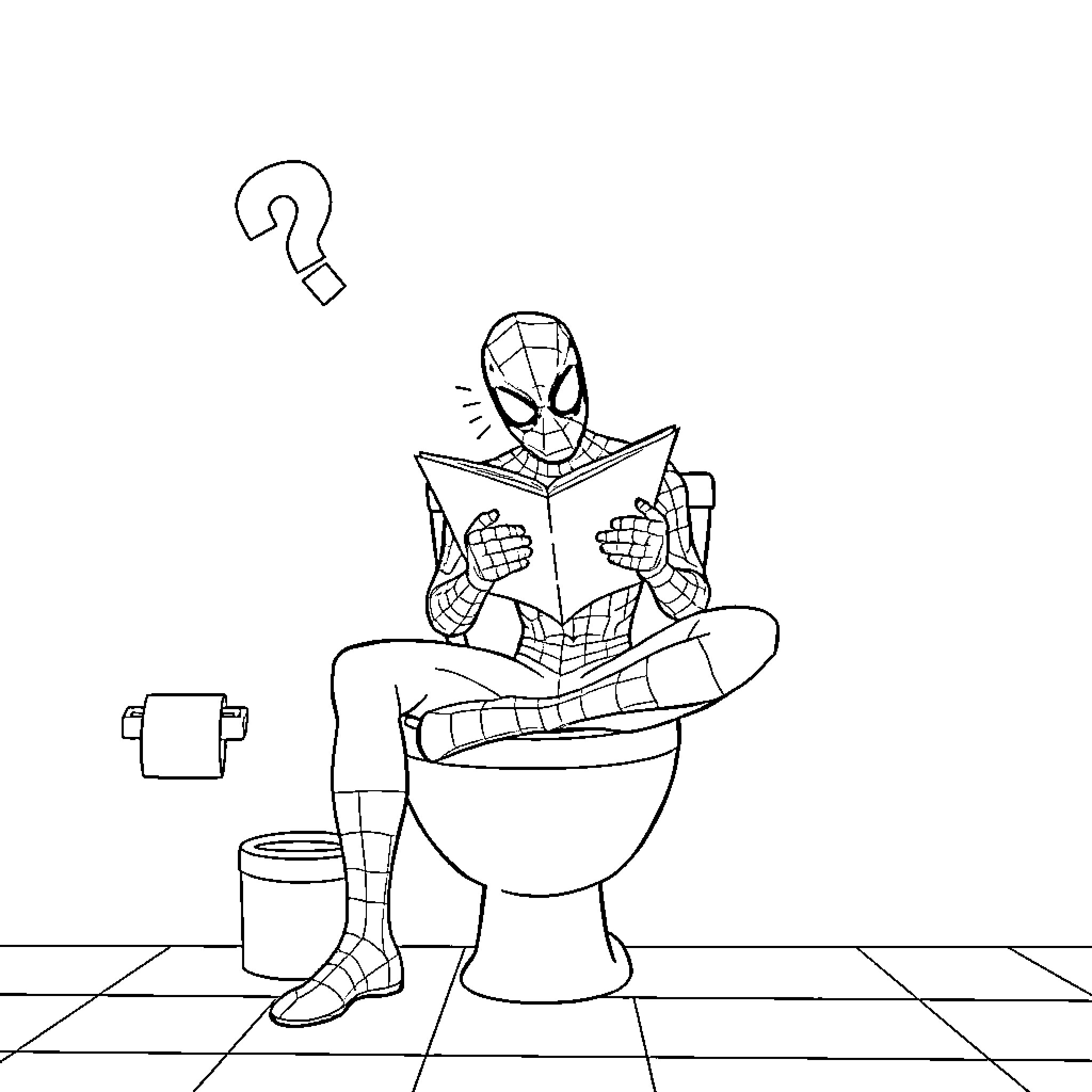 Spider-Man Pondering Dilemma on Toilet Coloring Page (free black-and-white line drawing printable PDF for all, from beginners to advanced learners, including children, teens, adults, and seniors)