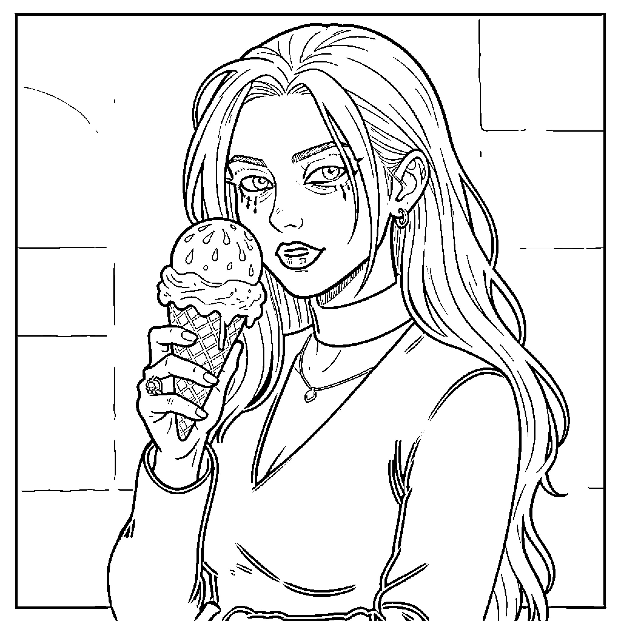 Baddie with melting ice cream Coloring Page (free black-and-white line drawing printable PDF for all, from beginners to advanced learners, including children, teens, adults, and seniors)
