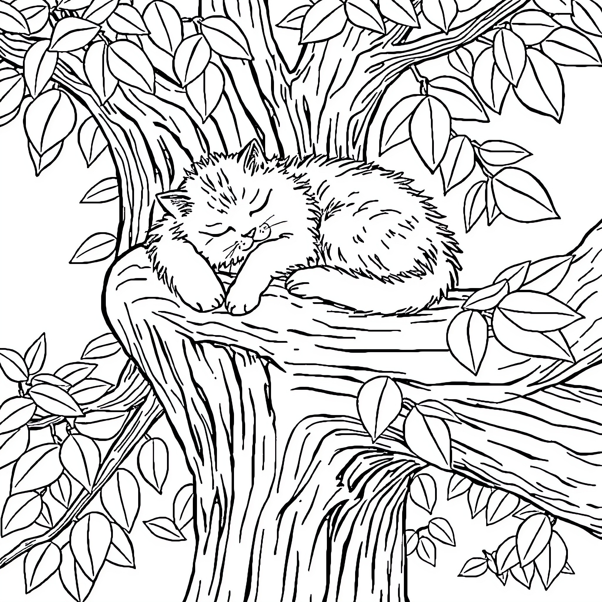 Cat sleeping peacefully in forest Coloring Page (free black-and-white line drawing printable PDF for all, from beginners to advanced learners, including children, teens, adults, and seniors)