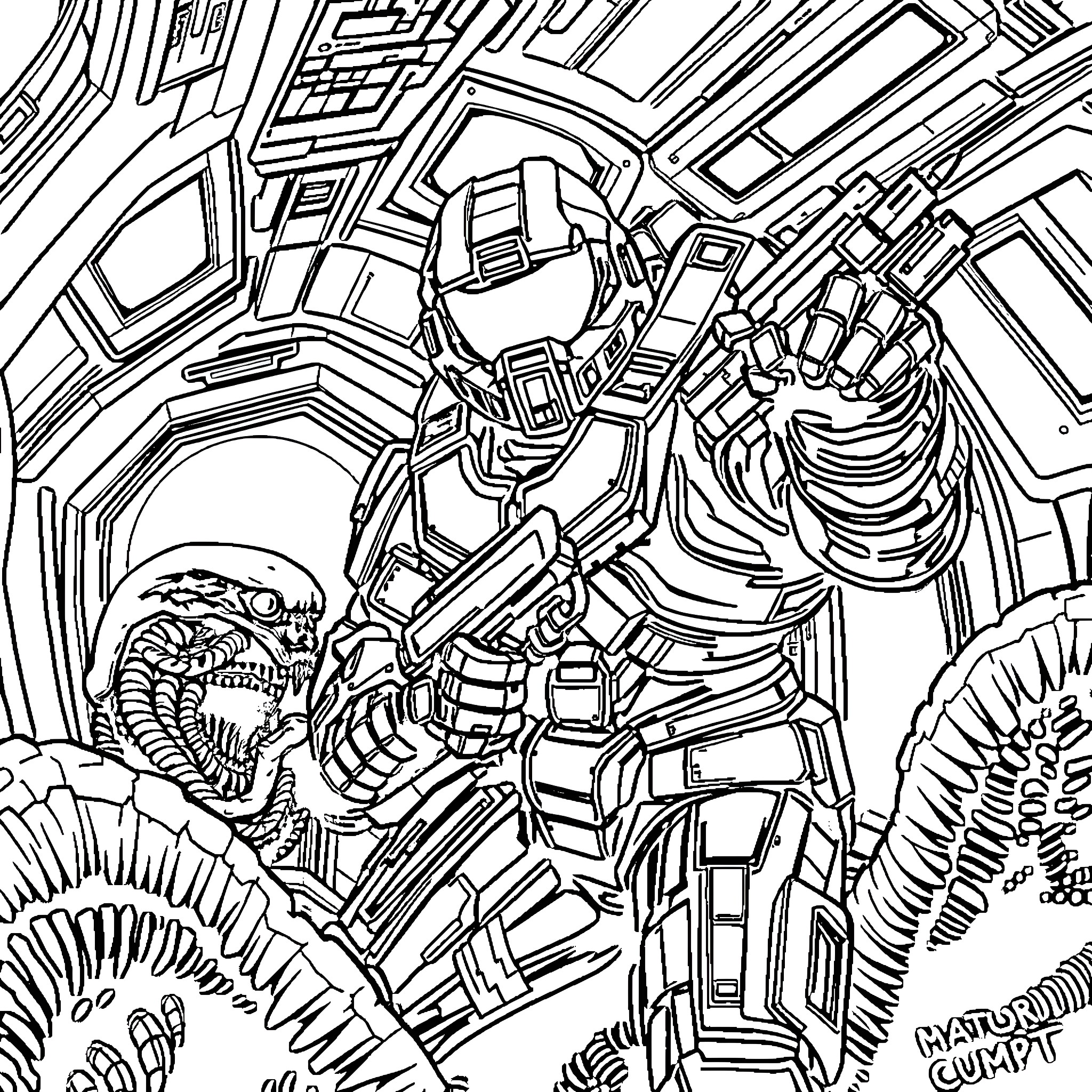 Master Chief in intense combat with an alien creature Coloring Page (free black-and-white line drawing printable PDF for all, from beginners to advanced learners, including children, teens, adults, and seniors)