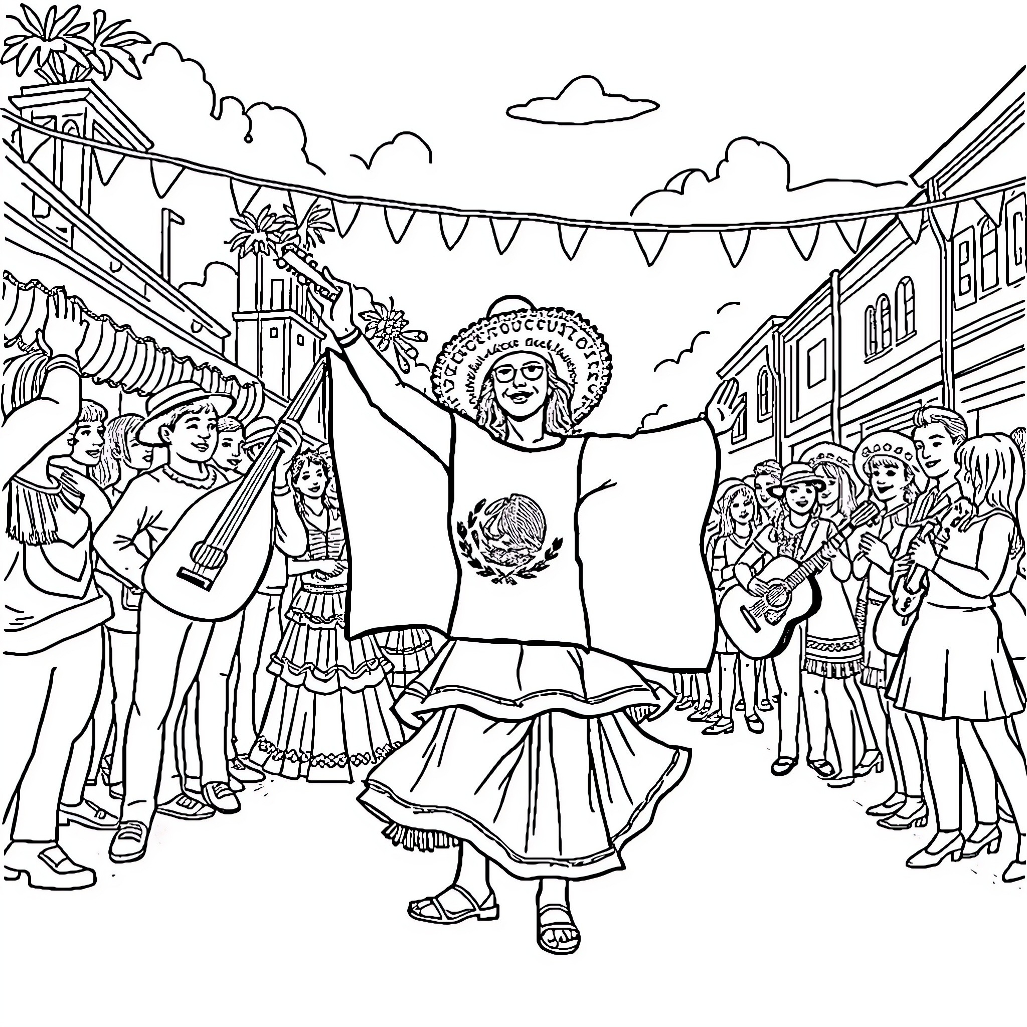 Mexican Independence Day street celebration with festive attire Coloring Page (free black-and-white line drawing printable PDF for all, from beginners to advanced learners, including children, teens, adults, and seniors)