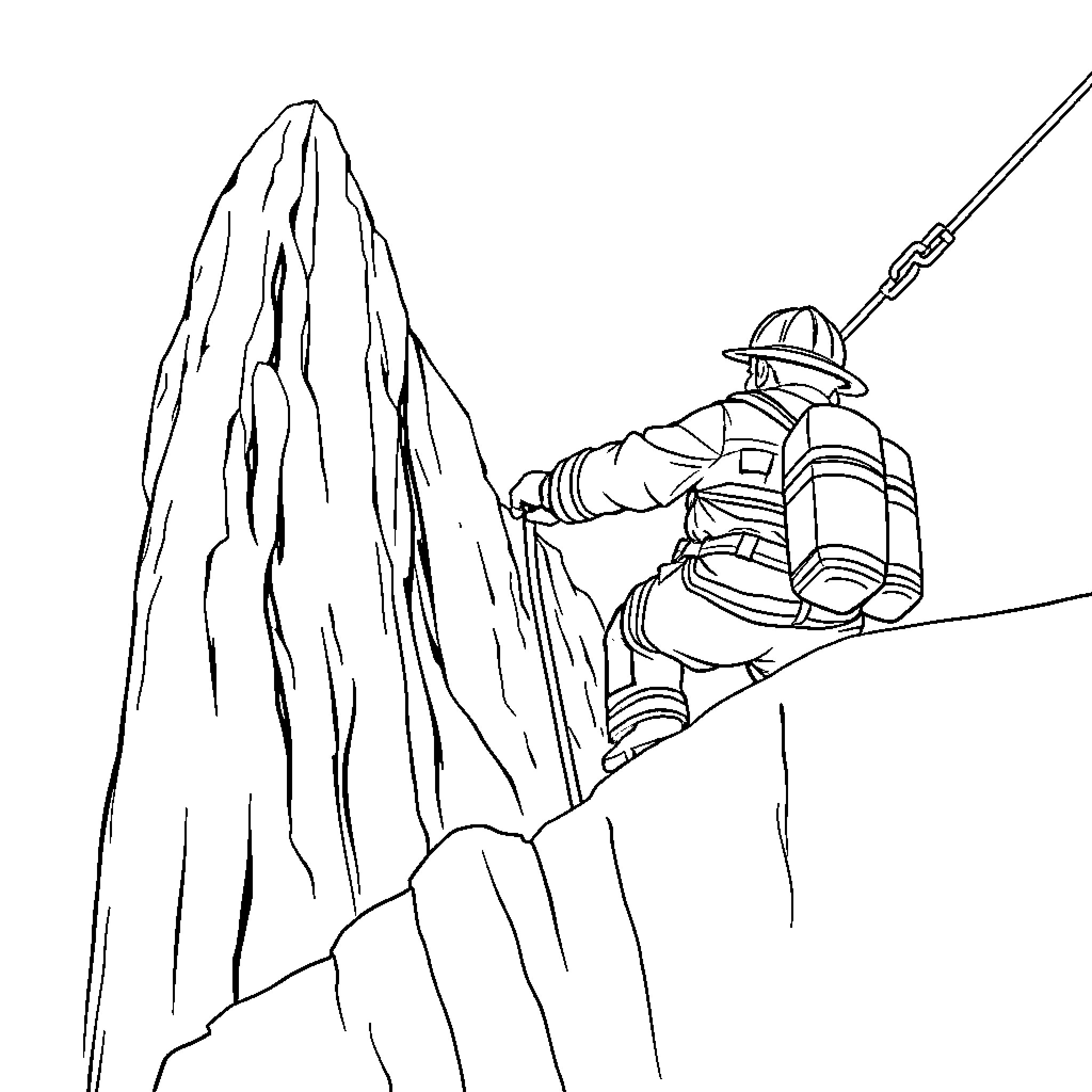 Fireman scaling rugged mountain terrain Coloring Page (free black-and-white line drawing printable PDF for all, from beginners to advanced learners, including children, teens, adults, and seniors)