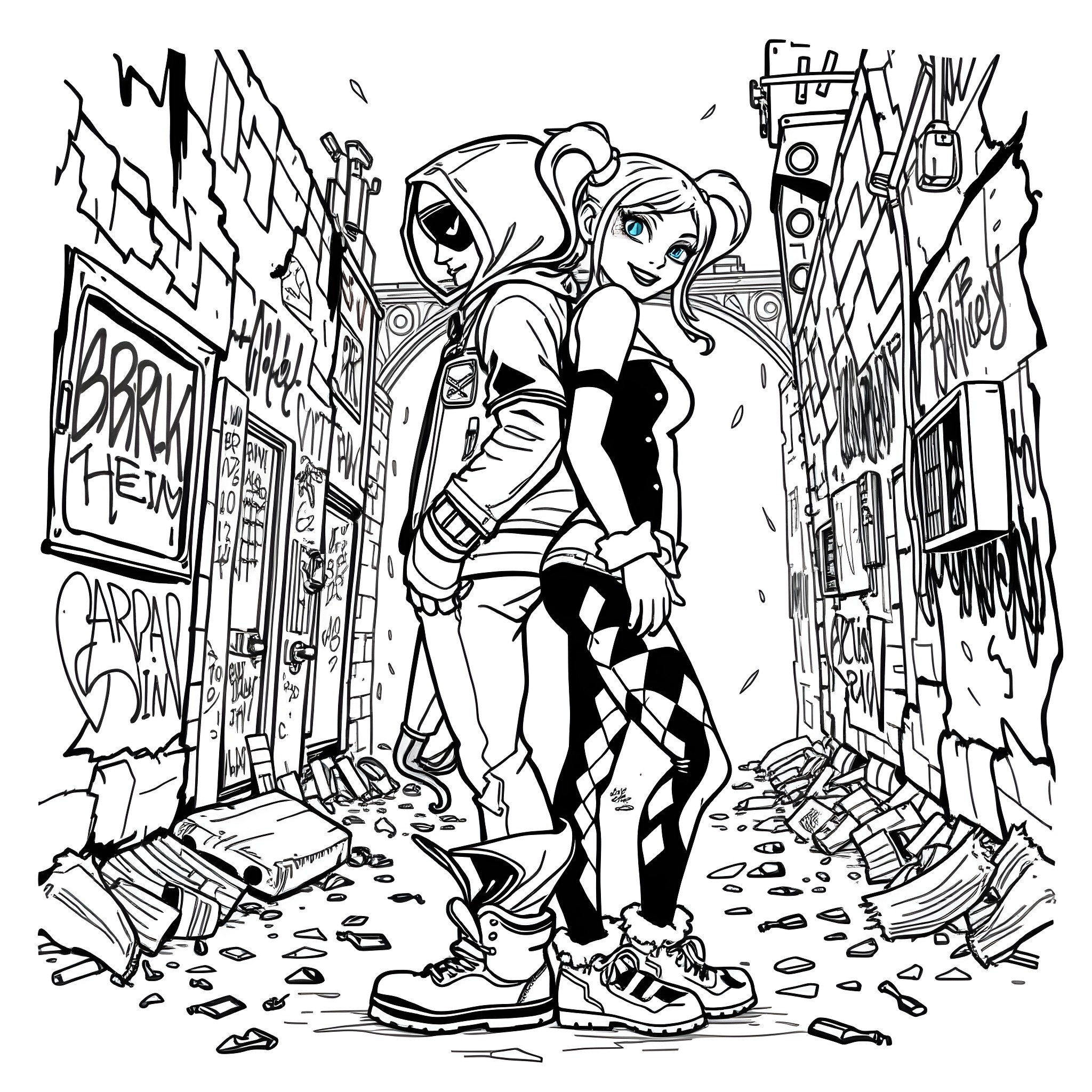 Harley Quinn in an urban, chaotic scene Coloring Page (free black-and-white line drawing printable PDF for all, from beginners to advanced learners, including children, teens, adults, and seniors)