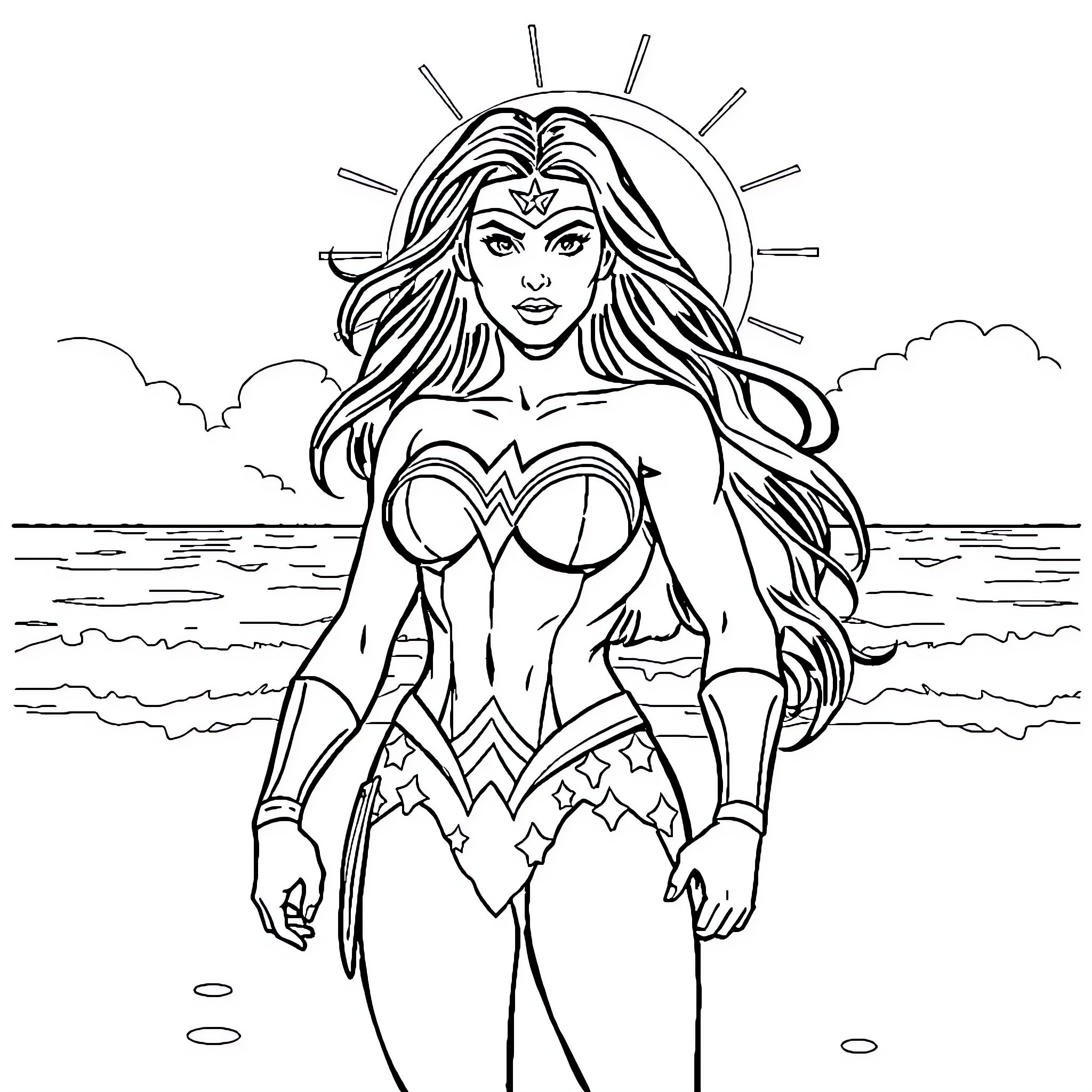 Wonder Woman on the Beachfront with Heroic Pose Coloring Page (free black-and-white line drawing printable PDF for all, from beginners to advanced learners, including children, teens, adults, and seniors)