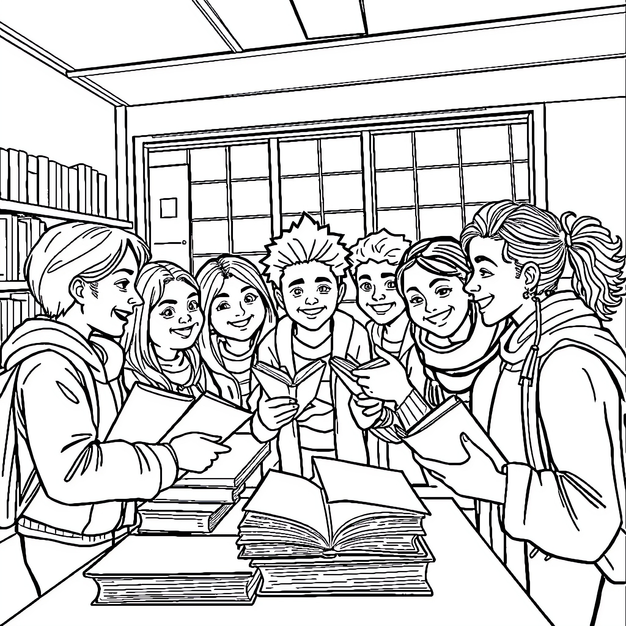 Book Club Meeting of Smiling Friends Coloring Page (free black-and-white line drawing printable PDF for all, from beginners to advanced learners, including children, teens, adults, and seniors)
