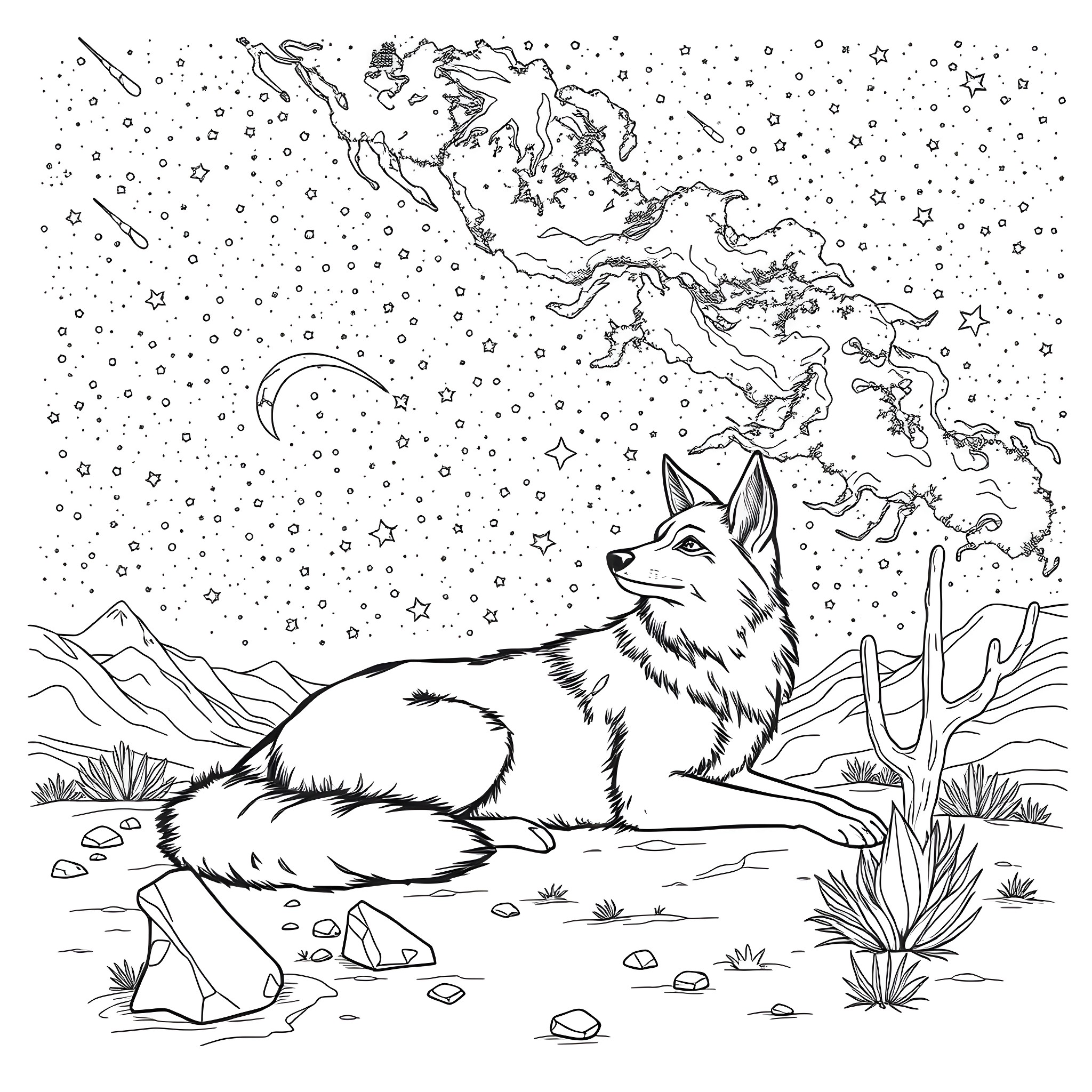 Coyote admiring the starry night in the desert Coloring Page (free black-and-white line drawing printable PDF for all, from beginners to advanced learners, including children, teens, adults, and seniors)