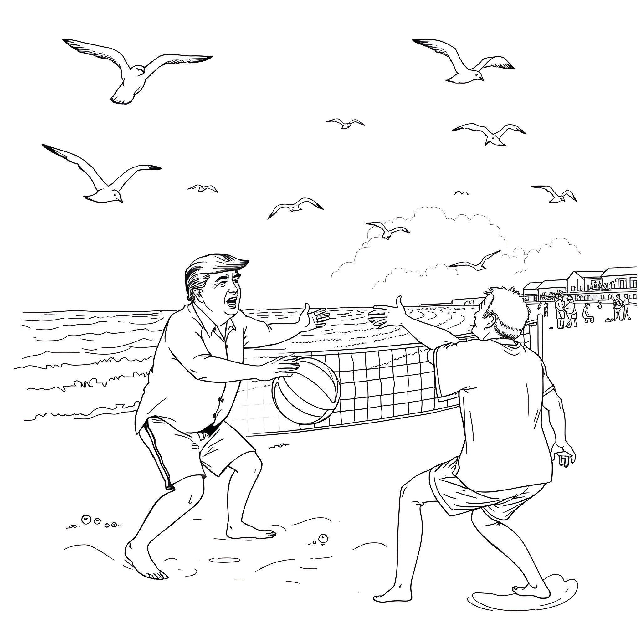 Donald Trump playing volleyball with a companion on the beach Coloring Page (free black-and-white line drawing printable PDF for all, from beginners to advanced learners, including children, teens, adults, and seniors)