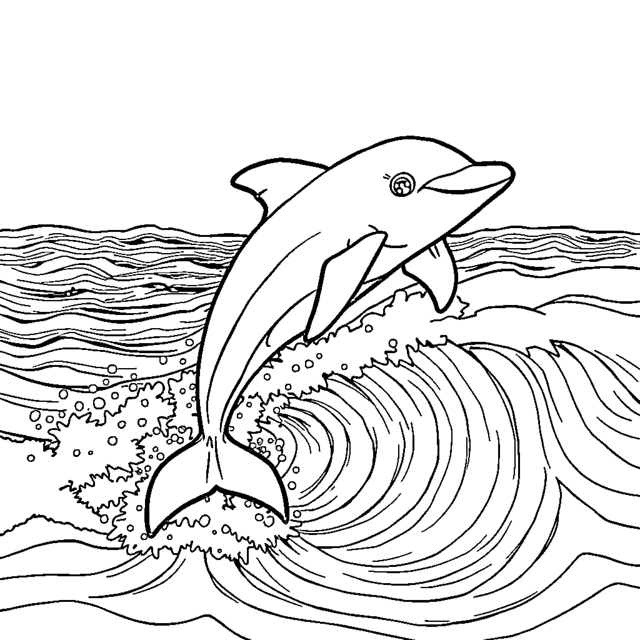 Dolphin leaping through ocean waves Coloring Page (free black-and-white line drawing printable PDF for all, from beginners to advanced learners, including children, teens, adults, and seniors)