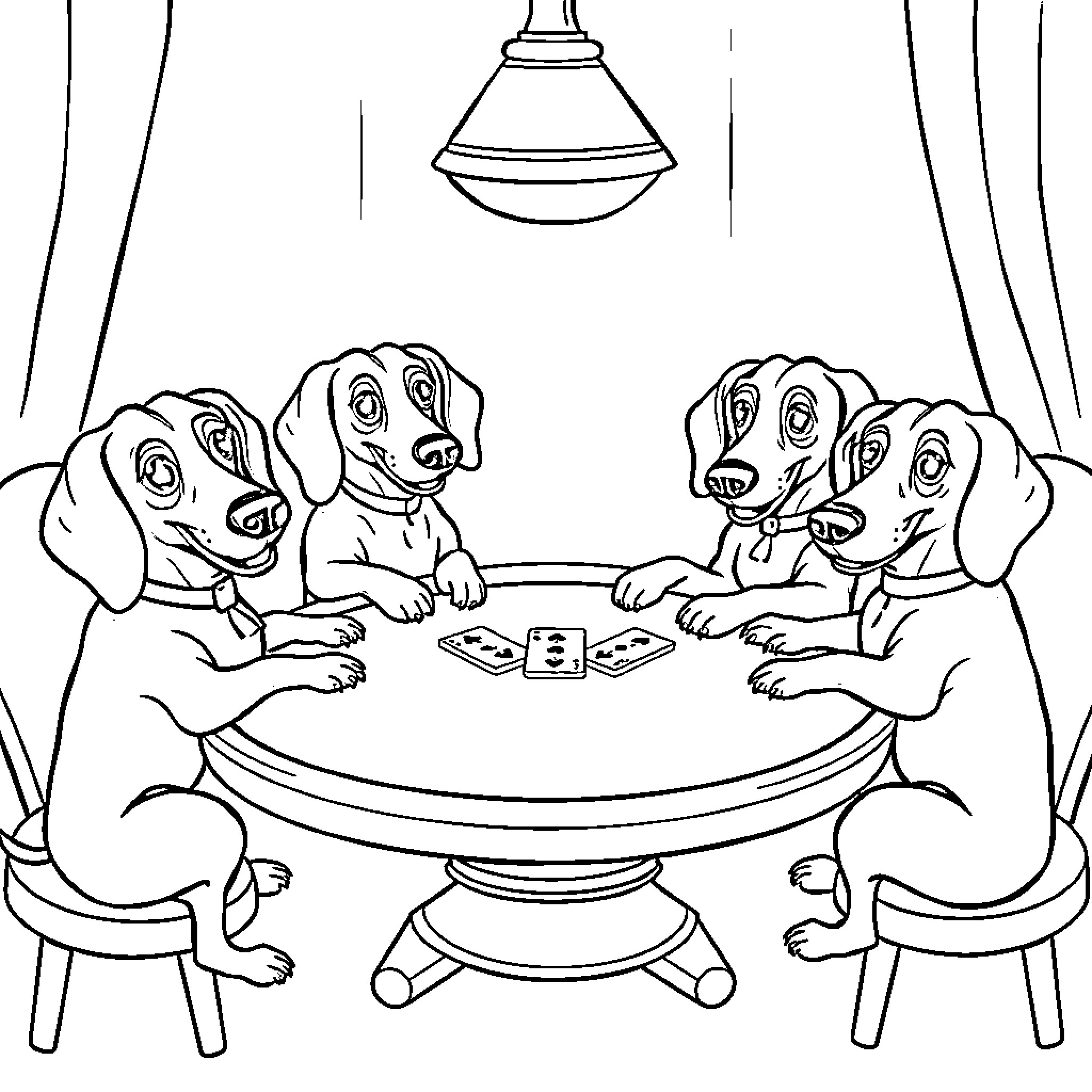 Dachshunds playing cards at the table Coloring Page (free black-and-white line drawing printable PDF for all, from beginners to advanced learners, including children, teens, adults, and seniors)