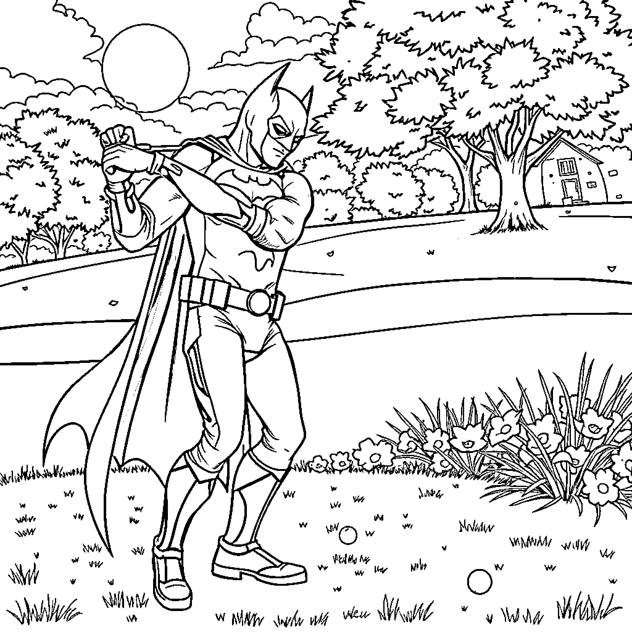 Batman surveying a tranquil outdoor scene Coloring Page (free black-and-white line drawing printable PDF for all, from beginners to advanced learners, including children, teens, adults, and seniors)