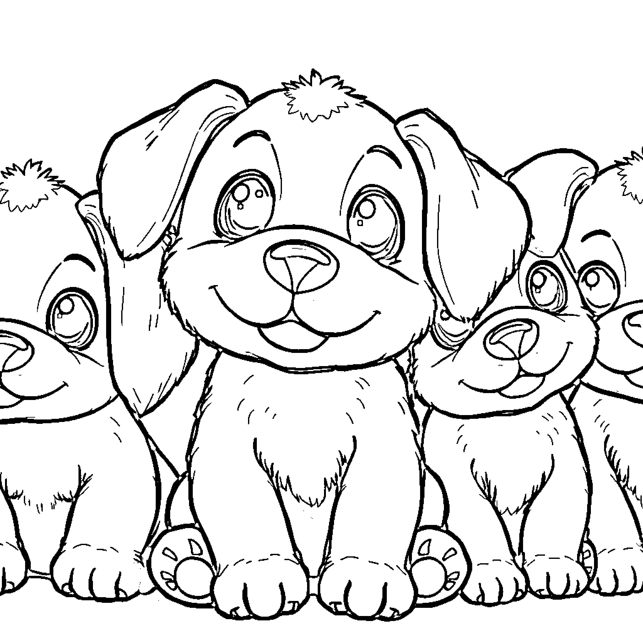 Puppy friends enjoying playtime together Coloring Page (free black-and-white line drawing printable PDF for all, from beginners to advanced learners, including children, teens, adults, and seniors)