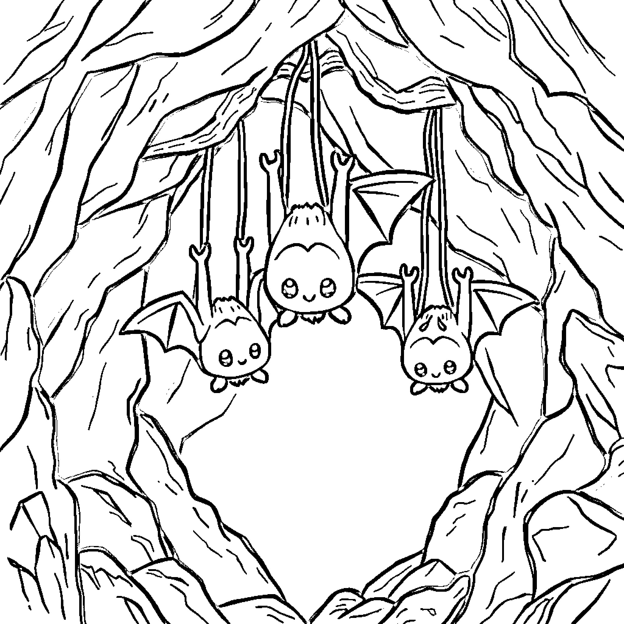 Bats resting in a dark cave Coloring Page (free black-and-white line drawing printable PDF for all, from beginners to advanced learners, including children, teens, adults, and seniors)