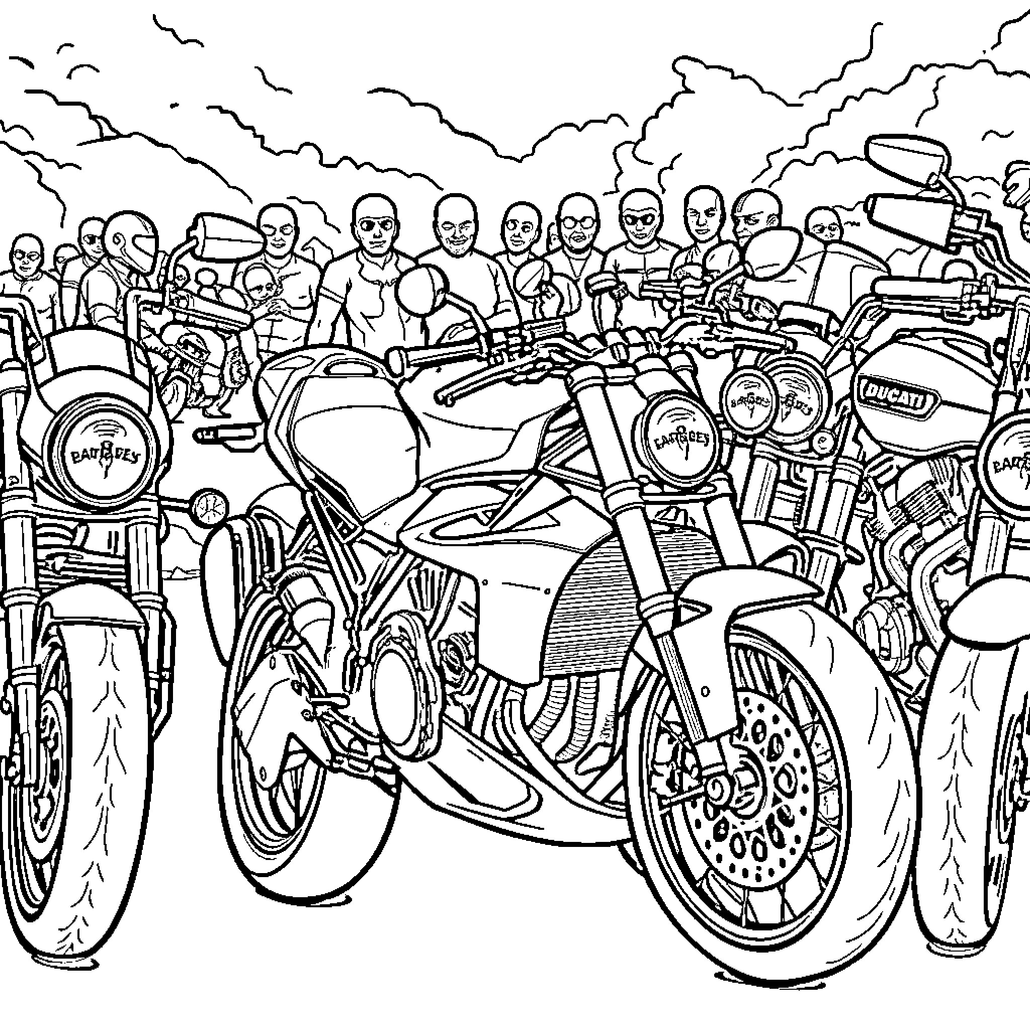 Ducati motorcycles and riders in a busy urban scene Coloring Page (free black-and-white line drawing printable PDF for all, from beginners to advanced learners, including children, teens, adults, and seniors)