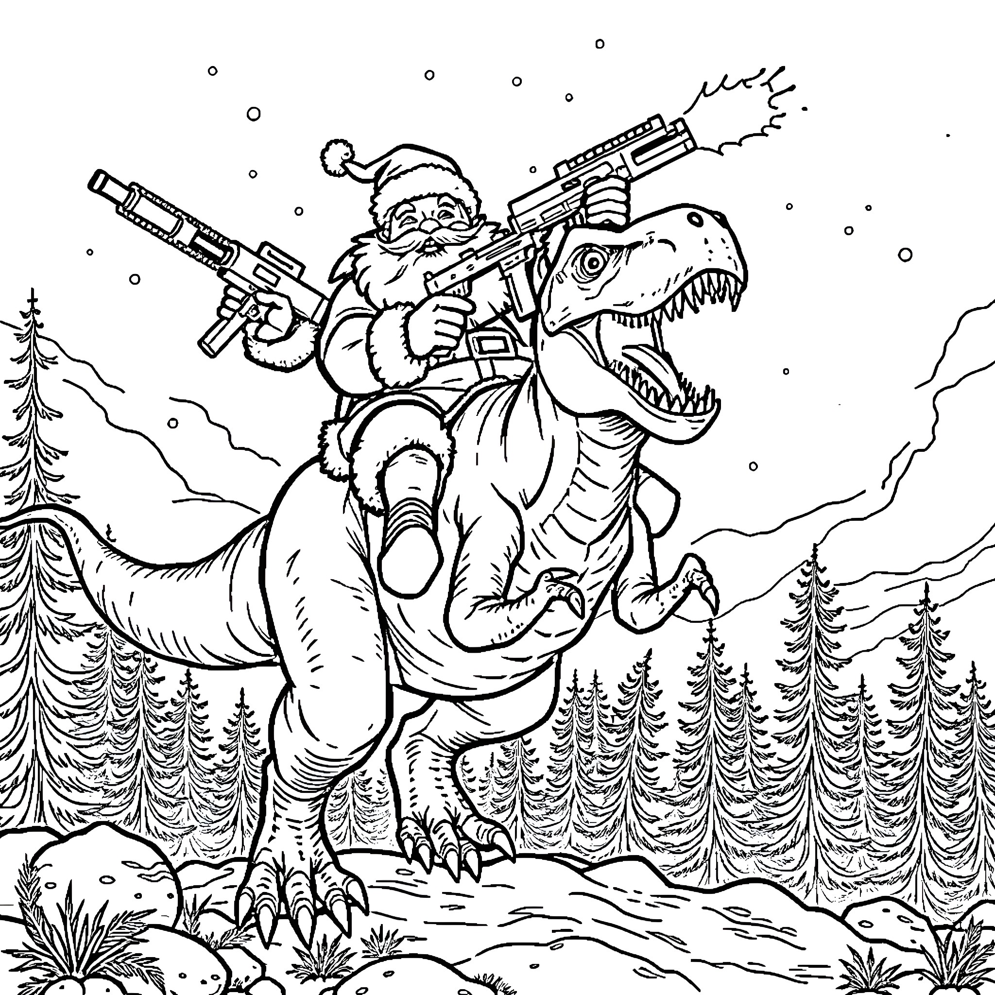 Santa riding a fearsome dinosaur in the snowy wilderness Coloring Page (free black-and-white line drawing printable PDF for all, from beginners to advanced learners, including children, teens, adults, and seniors)