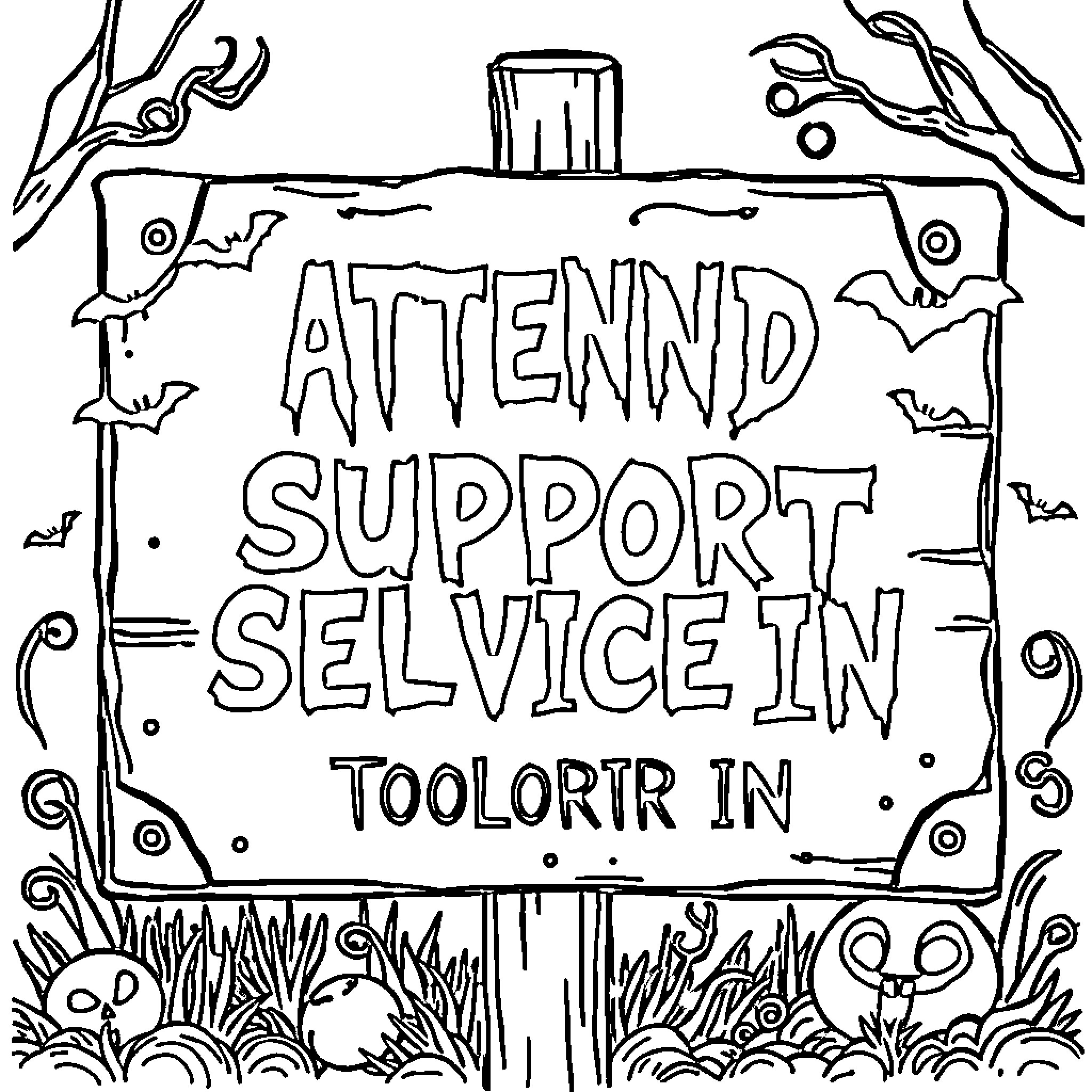 Halloween Spooky Forest with Support Sign Coloring Page (free black-and-white line drawing printable PDF for all, from beginners to advanced learners, including children, teens, adults, and seniors)