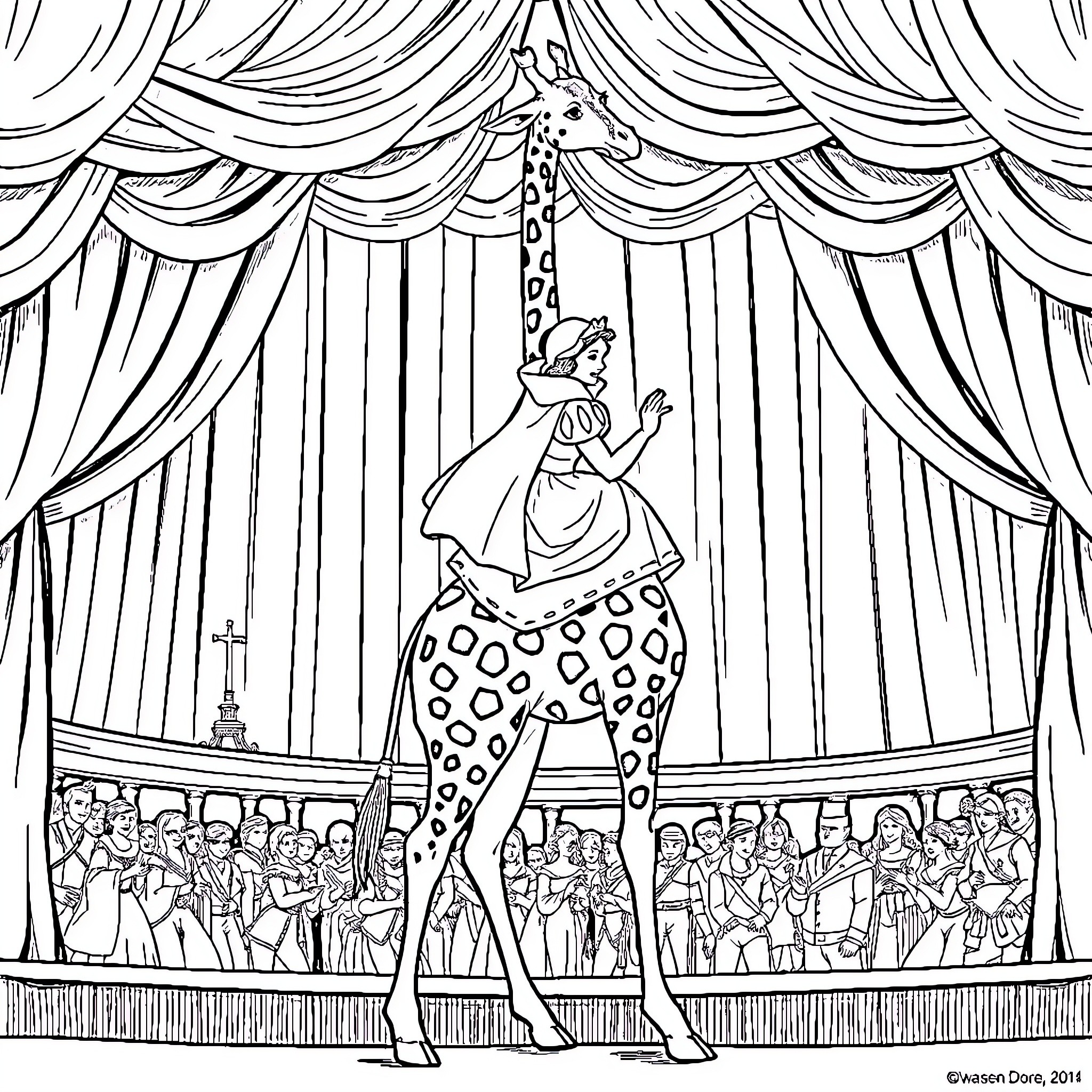 Snow White's Dramatic Performance on the Stage Coloring Page (free black-and-white line drawing printable PDF for all, from beginners to advanced learners, including children, teens, adults, and seniors)