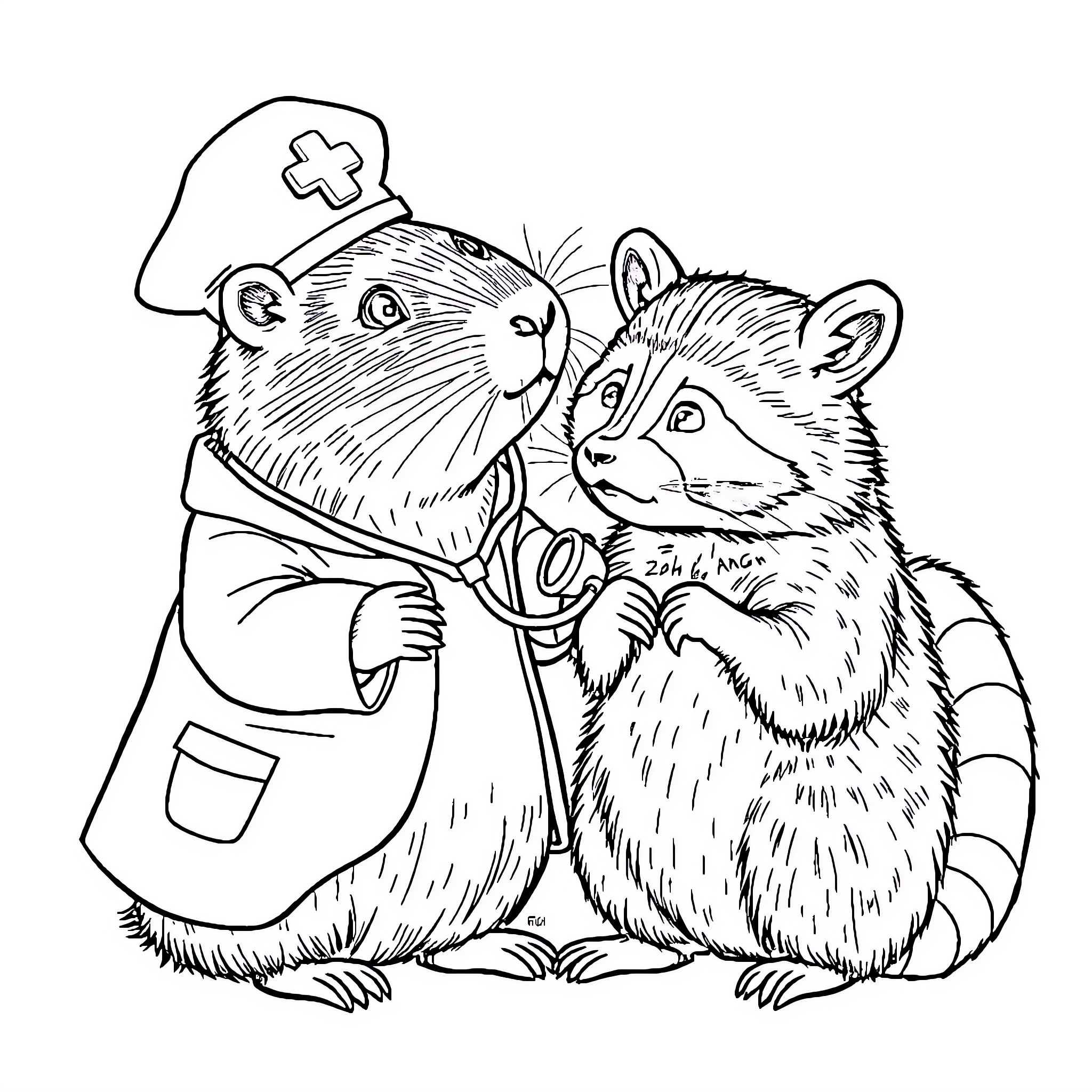 Capybara veterinarian treating another capybara Coloring Page (free black-and-white line drawing printable PDF for all, from beginners to advanced learners, including children, teens, adults, and seniors)
