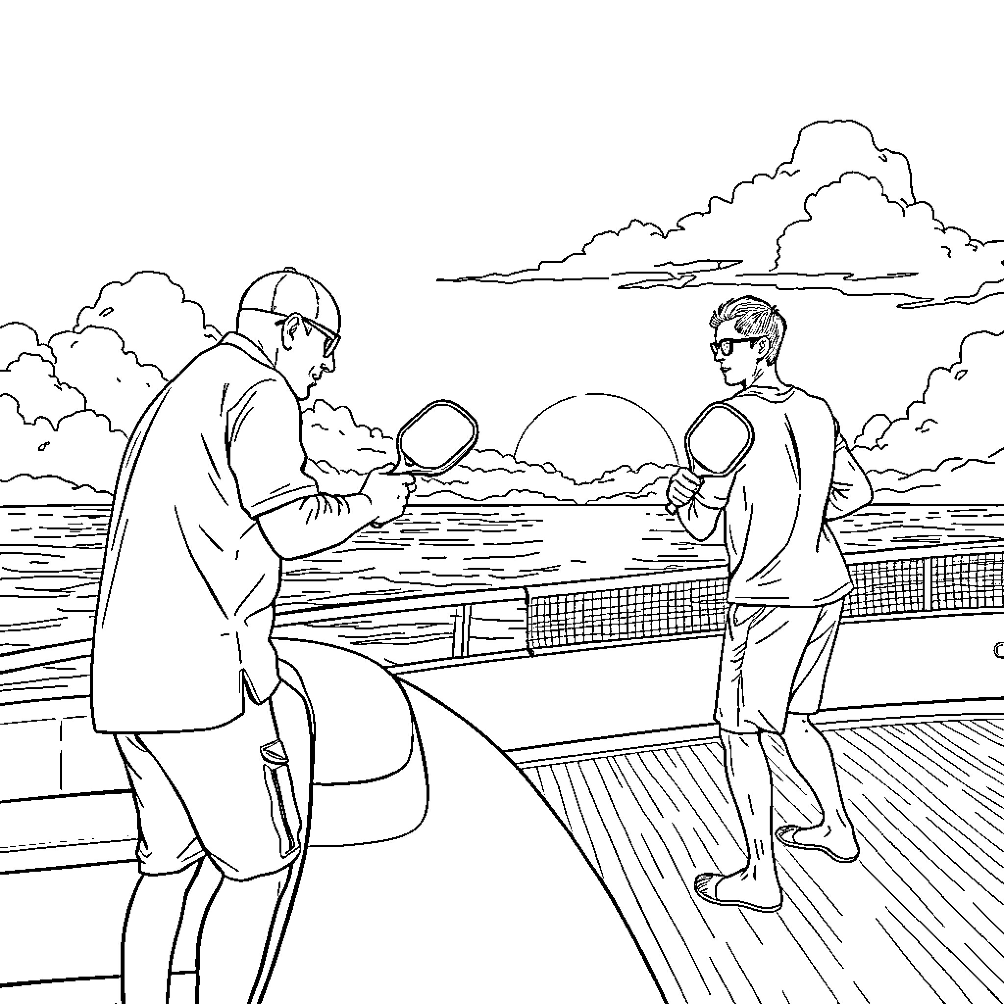 Dad and son playing tennis on a cloudy day Coloring Page (free black-and-white line drawing printable PDF for all, from beginners to advanced learners, including children, teens, adults, and seniors)