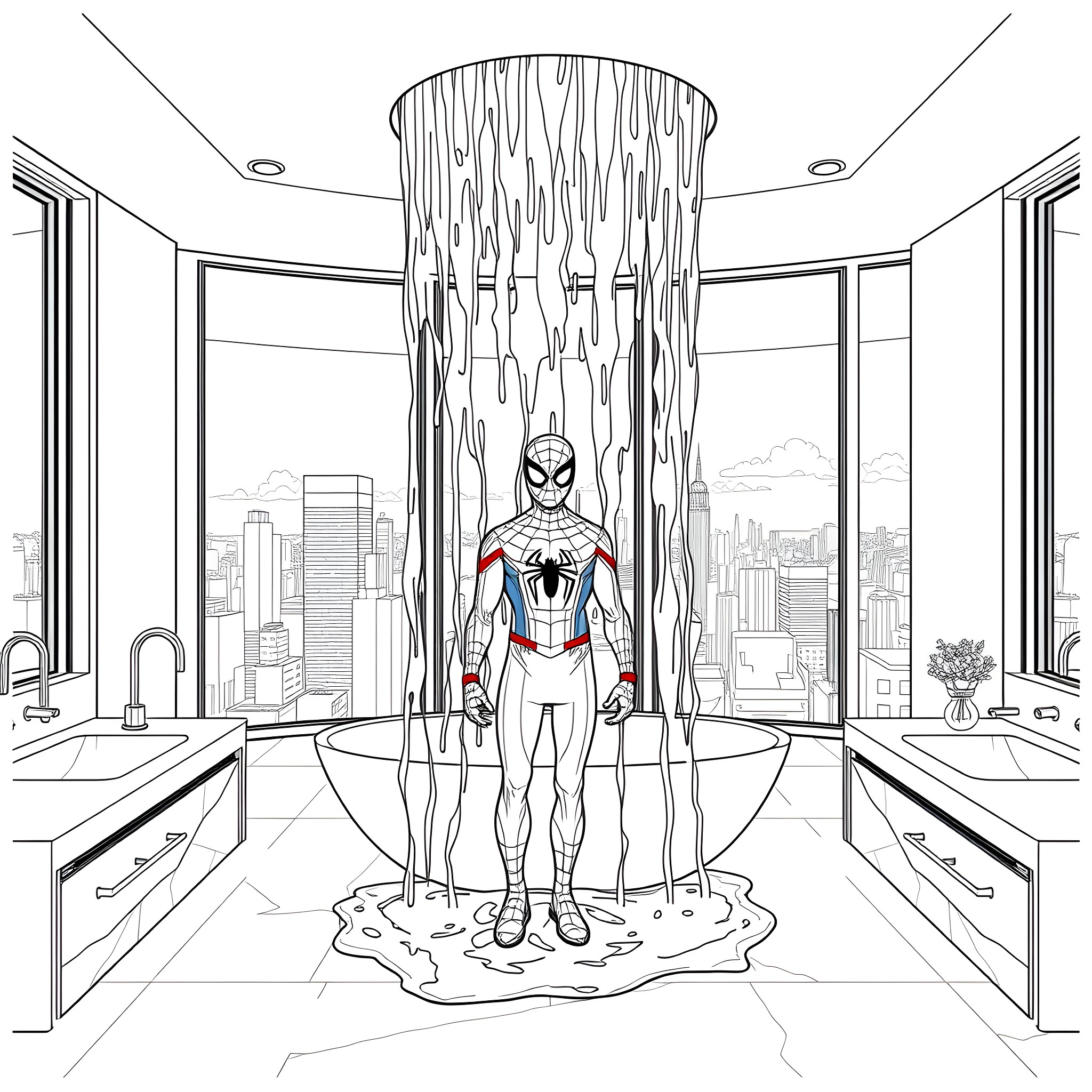Spiderman standing majestically in his modern lair Coloring Page (free black-and-white line drawing printable PDF for all, from beginners to advanced learners, including children, teens, adults, and seniors)