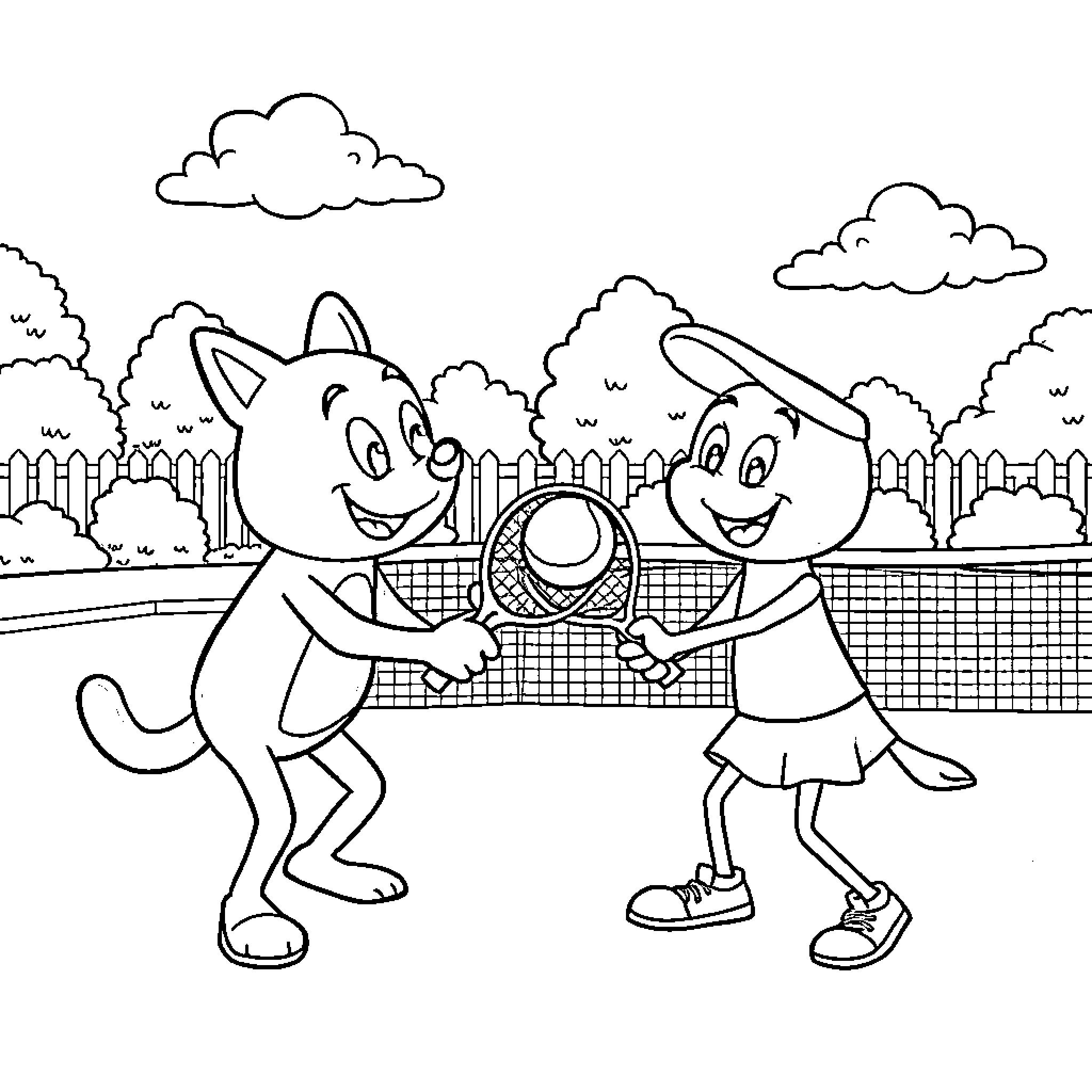 Bluey and Bingo playing tennis on the court Coloring Page (free black-and-white line drawing printable PDF for all, from beginners to advanced learners, including children, teens, adults, and seniors)