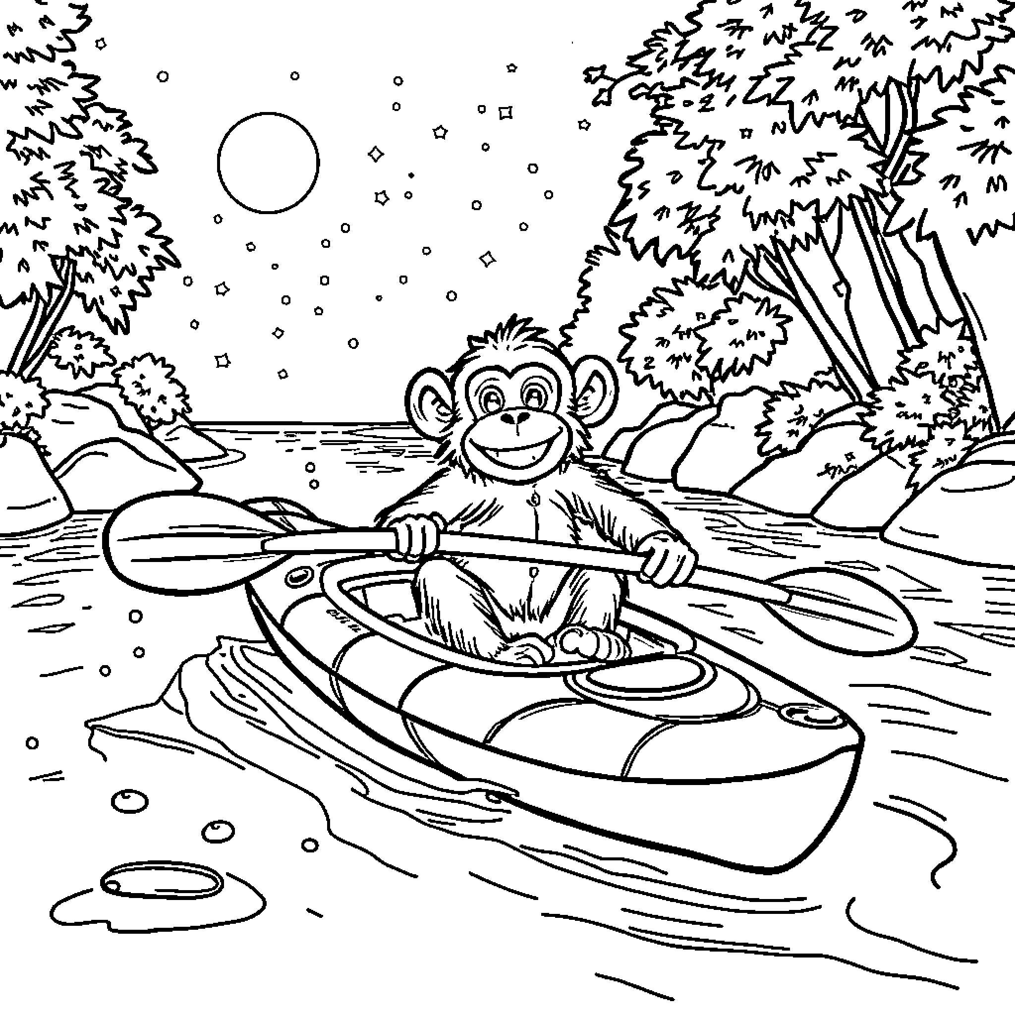 Monkey paddling boat in serene nature landscape Coloring Page (free black-and-white line drawing printable PDF for all, from beginners to advanced learners, including children, teens, adults, and seniors)