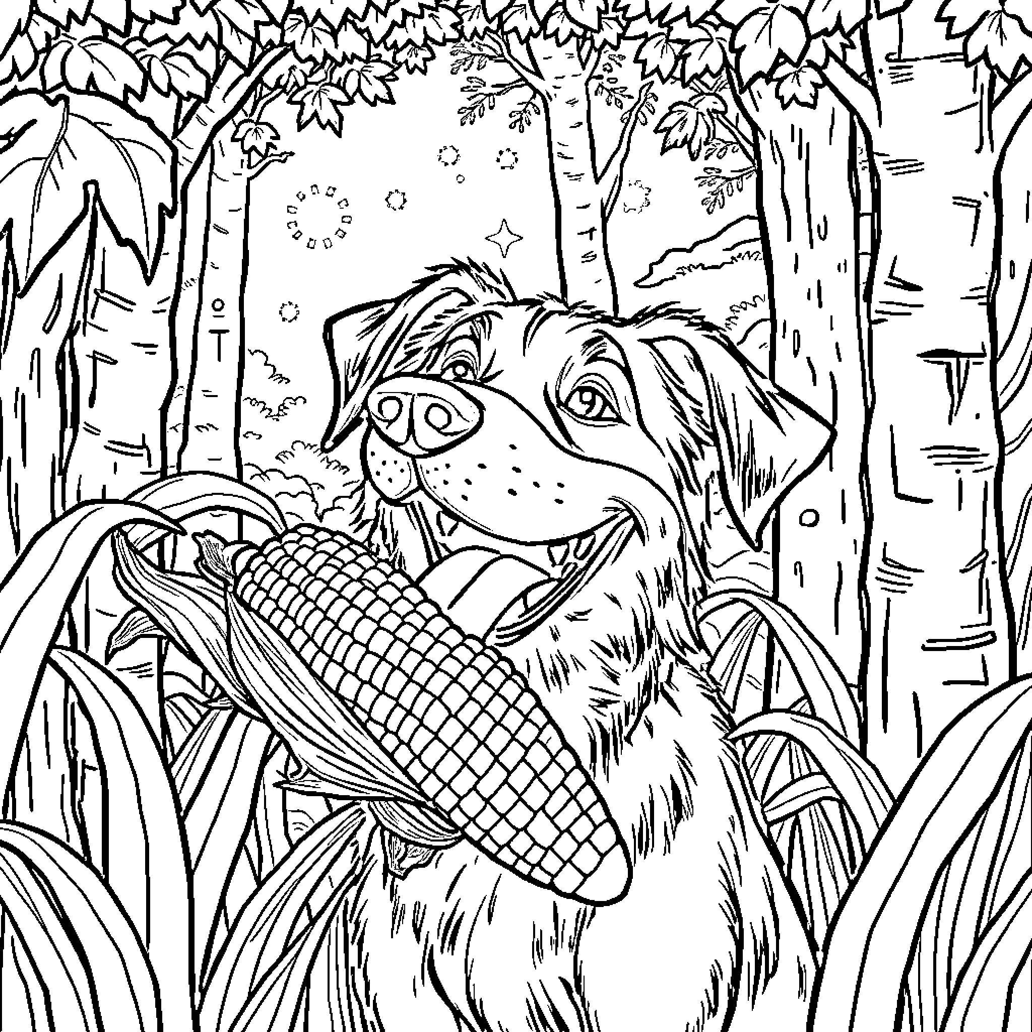 Dog enjoying a corncob in the forest Coloring Page (free black-and-white line drawing printable PDF for all, from beginners to advanced learners, including children, teens, adults, and seniors)