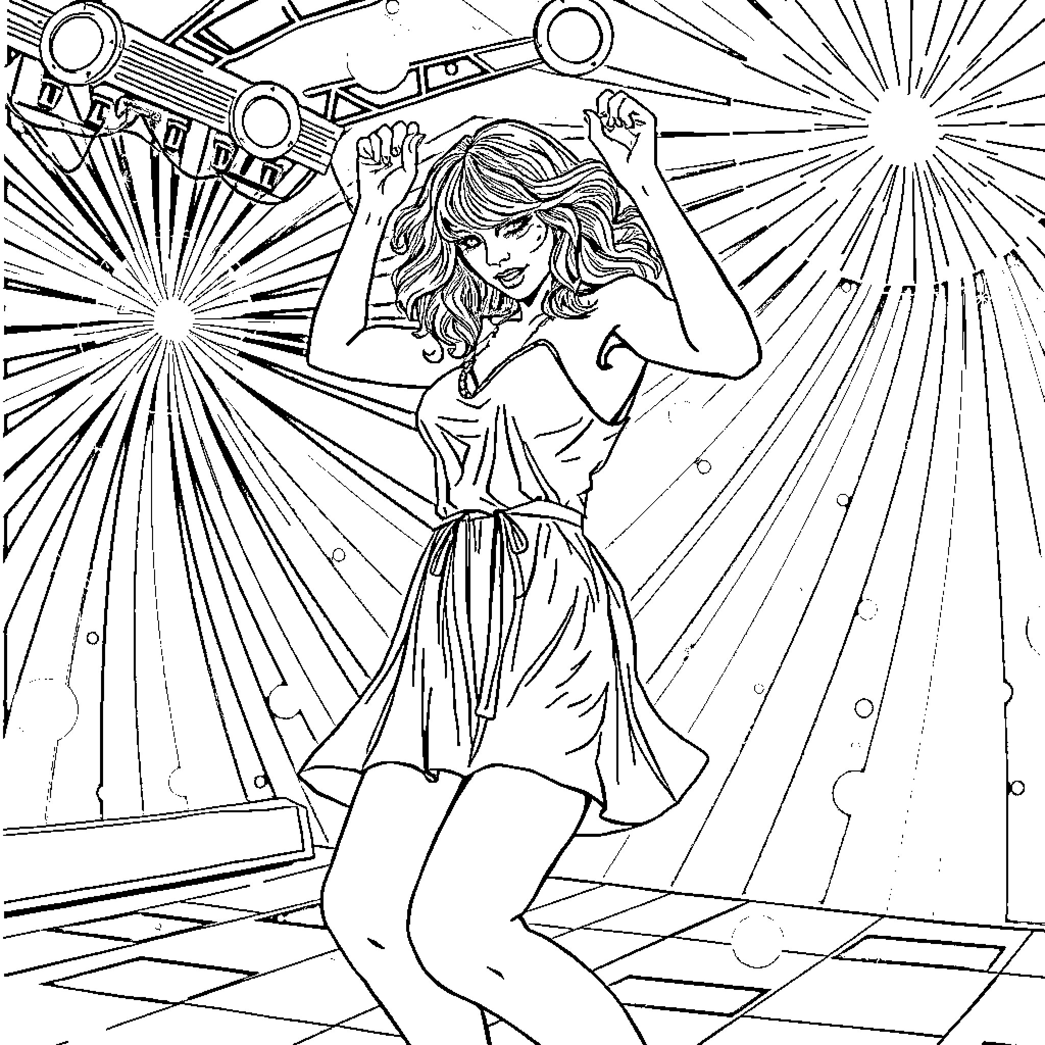 Taylor Swift performing on stage with energy and passion Coloring Page (free black-and-white line drawing printable PDF for all, from beginners to advanced learners, including children, teens, adults, and seniors)