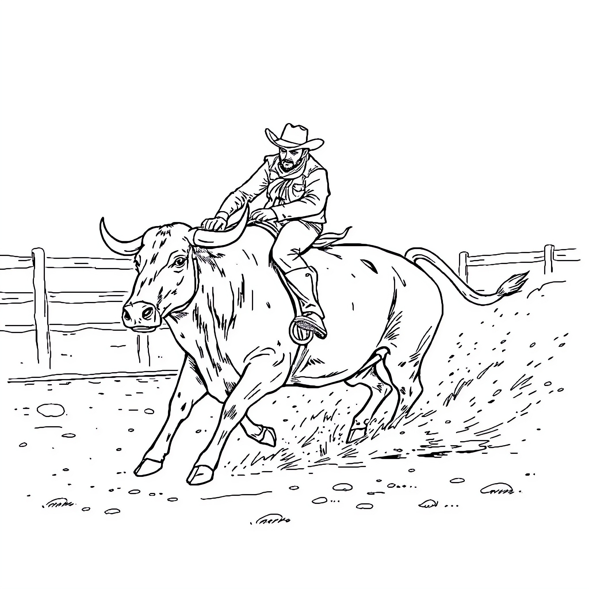 Bull Rider in Action on the Rodeo Ground Coloring Page (free black-and-white line drawing printable PDF for all, from beginners to advanced learners, including children, teens, adults, and seniors)