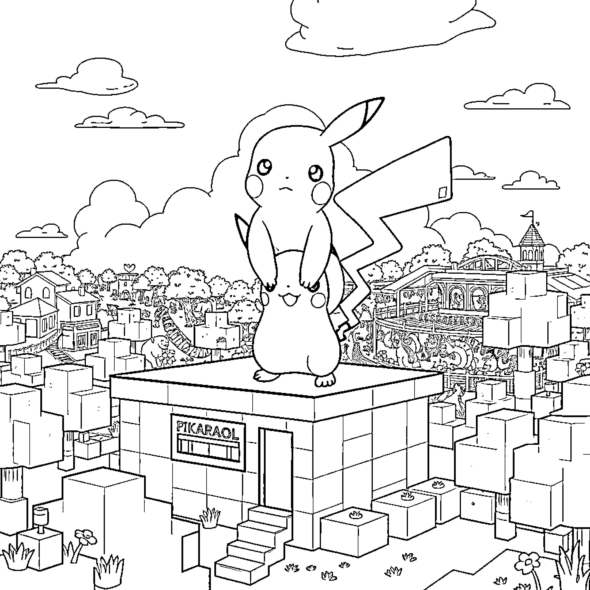 Pikachu standing atop a city in a fantastical scene Coloring Page (free black-and-white line drawing printable PDF for all, from beginners to advanced learners, including children, teens, adults, and seniors)